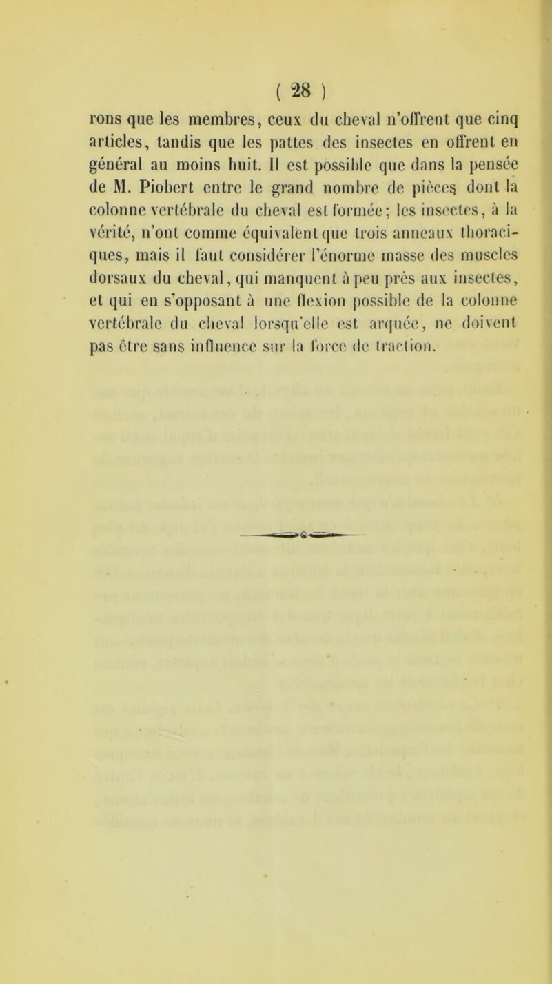 ( -28 ) ions que les membres, ceux du cheval n’olîreut que cinq articles, tandis que les pattes des insectes en offrent en général au moins huit. 11 est possible que dans la pensée de M. Piobert entre le grand nombre de pièces dont la colonne vertébrale du cheval esirormée; les insectes, à la vérité, n’ont comme équivalent (pie trois anneaux thoraci- ques, mais il laut considérer l’énorme masse des muscles dorsaux du cheval, qui manquent à peu près aux insectes, et qui en s’opposant à une tlexion possible de la colonne vertébrale du cheval lorsqu’elle (‘st anpiée, ne doivent pas être sans influence sur la force de traction.