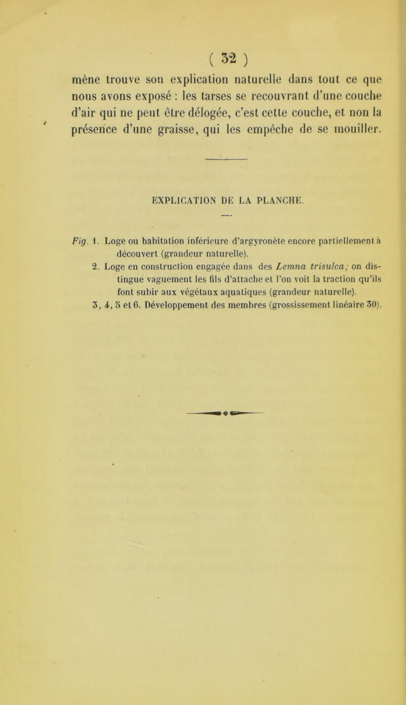 mène trouve son explication naturelle dans tout ce que nous avons exposé : les tarses se recouvrant d’une couche d’air qui ne peut être délogée, c’est cette couche, et non la présence d’une graisse, qui les empêche de se mouiller. EXPLICATION DE LA PLANCHE. Fig. 1. Loge ou habitation inférieure d’argyronète encore partiellement à découvert (grandeur naturelle). 2. Loge en construction engagée dans des Lemna trisulca; on dis- tingue vaguement les fils d’attache et l’on voit la traction qu’ils font subir aux végétaux aquatiques (grandeur naturelle). 3, 4, 5 et 6. Développement des membres (grossissement linéaire 30).