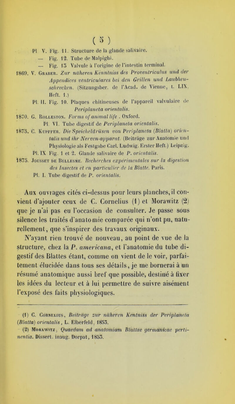 — Fig. 12. Tube de Malpighi. — F’ig. 15 Valvule à l’origine de l’intestin terminal. 1869. V. Graber. Zur naheren Kènnlniss des Proveniriculus und der Appendices ventriculares bei den Grillen und Laubheu- sclirecken. (Sitzungsber. de l’Acad. de Vienne, t. LIX. Heft. 1.) PI. II. Fig. 10. Plaques chilineuses de l’appareil valvulaire «If Periplaneta orientalis. 1870. G. Rolleston. Forms of animal life . Oxford. PI VI. Tube digestif de Periplaneta orienlalis. 1875. C. Kupffer. Die Speicheldrüsen von Periplaneta (Blatta) orioi- talisund ilir Nerven-apparat. (Beitràge zur Anatomie und Physiologie als Festgabe Cari. Ludwig. F.rster Heft.) Leipzig. PI. IX Fig. 1 et 2. Glande salivaire de P. orientalis. 1875. Jousset de Bellesme. Recherches expérimentales sur la digestion des Insectes et en particulier de la Blatte. Paris. PI. I. Tube digestif de P. orientalis. Aux ouviages cités ci-dessus pour leurs planches, il con- vient d’ajouter ceux de C. Cornélius (1 ) et Morawitz (2) que je n'ai pas eu l’occasion de consulter. Je passe sous silence les traités d’anatomie comparée qui n’ont pu, natu- rellement, que s’inspirer des travaux originaux. N’ayant rien trouvé de nouveau, au point de vue de la structure, chez la P. americana, et l'anatomie du tube di- gestif des Blattes étant, comme on vient de le voir, parfai- tement élucidée dans tous ses détails, je me bornerai à un résumé anatomique aussi bref que possible, destiné à fixer les idées du lecteur et à lui permettre de suivre aisément l’exposé des faits physiologiques. (1) C. Cornélius, Beitrdge zur naheren Kentniss der Periplaneta (Blatta) orienlalis, L. Elberfeld, 1855. (2) Morawitz, Quaedam ad analomiam Blallae germanicae perti- nentia. Dissert, inaug. Dorpat, 1855.