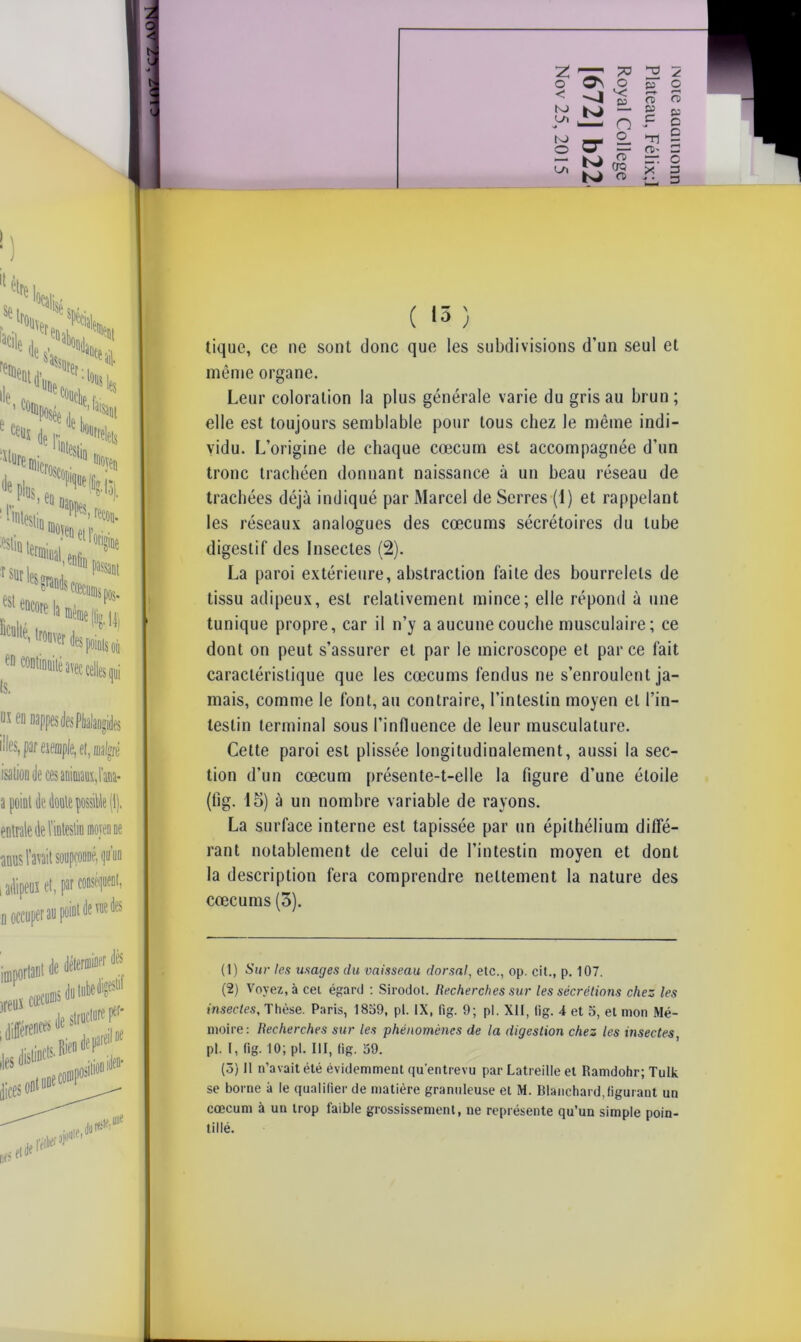 tique, ce ne sont donc que les subdivisions d’un seul et même organe. Leur coloration la plus générale varie du gris au brun ; elle est toujours semblable pour tous chez le même indi- vidu. L’origine de chaque cæcum est accompagnée d’un tronc trachéen donnant naissance à un beau réseau de trachées déjà indiqué par Marcel de Serres (1) et rappelant les réseaux analogues des cæcums sécrétoires du tube digestif des Insectes (2). La paroi extérieure, abstraction faite des bourrelets de tissu adipeux, est relativement mince; elle répond à une tunique propre, car il n’y a aucune couche musculaire; ce dont on peut s’assurer et par le microscope et parce fait caractéristique que les cæcums fendus ne s’enroulent ja- mais, comme le font, au contraire, l’intestin moyen et l’in- testin terminal sous l’influence de leur musculature. Cette paroi est plissée longitudinalement, aussi la sec- tion d’un cæcum présente-t-elle la figure d’une étoile (lig. 15) à un nombre variable de rayons. La surface interne est tapissée par un épithélium diffé- rant notablement de celui de l'intestin moyen et dont la description fera comprendre nettement la nature des cæcums (3). (1) Sur les usages du vaisseau dorsal, etc., op. cil., p. 107. (2) Voyez, à cet égard : Sirodot. Recherches sur les sécrétions chez les insectes. Thèse. Paris, 1859, pl. IX, fîg. 9; pl. XII, lig. 4 et 5, et mon Mé- moire: Recherches sur les phénomènes de la digestion chez les insectes, pl. I, lig. 10; pl. III, lig. 59. (5) 11 n’avait été évidemment qu’entrevu par Latreille et Ramdohr; Tulk se borne à le qualifier de matière granuleuse et M. Blanchard,figurant un cæcum à un trop faible grossissement, ne représente qu’un simple poin- tillé.