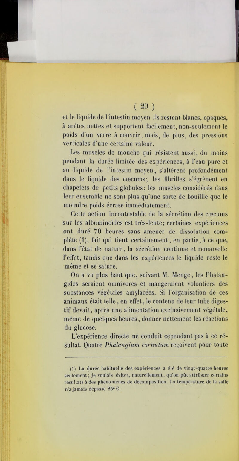 el le liquide de l’intestin moyen ils restent blancs, opaques, à arêtes nettes et supportent facilement, non-seulement le poids d’un verre à couvrir, mais, de plus, des pressions verticales d’une certaine valeur. Les muscles de mouche qui résistent aussi, du moins pendant la durée limitée des expériences, à l'eau pure et au liquide de l’intestin moyen, s’altèrent profondément dans le liquide des cæcums; les fibrilles s’égrènent en chapelets de petits globules; les muscles considérés dans leur ensemble ne sont plus qu’une sorte de bouillie que le moindre poids écrase immédiatement. Cette action incontestable de la sécrétion des cæcums sur les albuminoïdes est très-lente; certaines expériences ont duré 70 heures sans amener de dissolution com- plète (1), fait qui tient certainement, en partie,à ce que, dans l’état de nature, la sécrétion continue et renouvelle l’effet, tandis que dans les expériences le liquide reste le même et se sature. On a vu plus haut que, suivant M. Menge, les Phalan- gides seraient omnivores et mangeraient volontiers des substances végétales amylacées. Si l’organisation de ces animaux était telle, en effet, le contenu de leur tube diges- tif devait, après une alimentation exclusivement végétale, même de quelques heures, donner nettement les réactions du glucose. L’expérience directe ne conduit cependant pas à ce ré- sultat. Quatre Phalangium cornulum reçoivent pour toute (1) La durée habituelle des expériences a élé de vingt-quatre heures seulement; je voulais éviter, naturellement, qu’on pût attribuer certains résultats à des phénomènes de décomposition. I.a température de la salle n'a jamais dépassé 23° C.