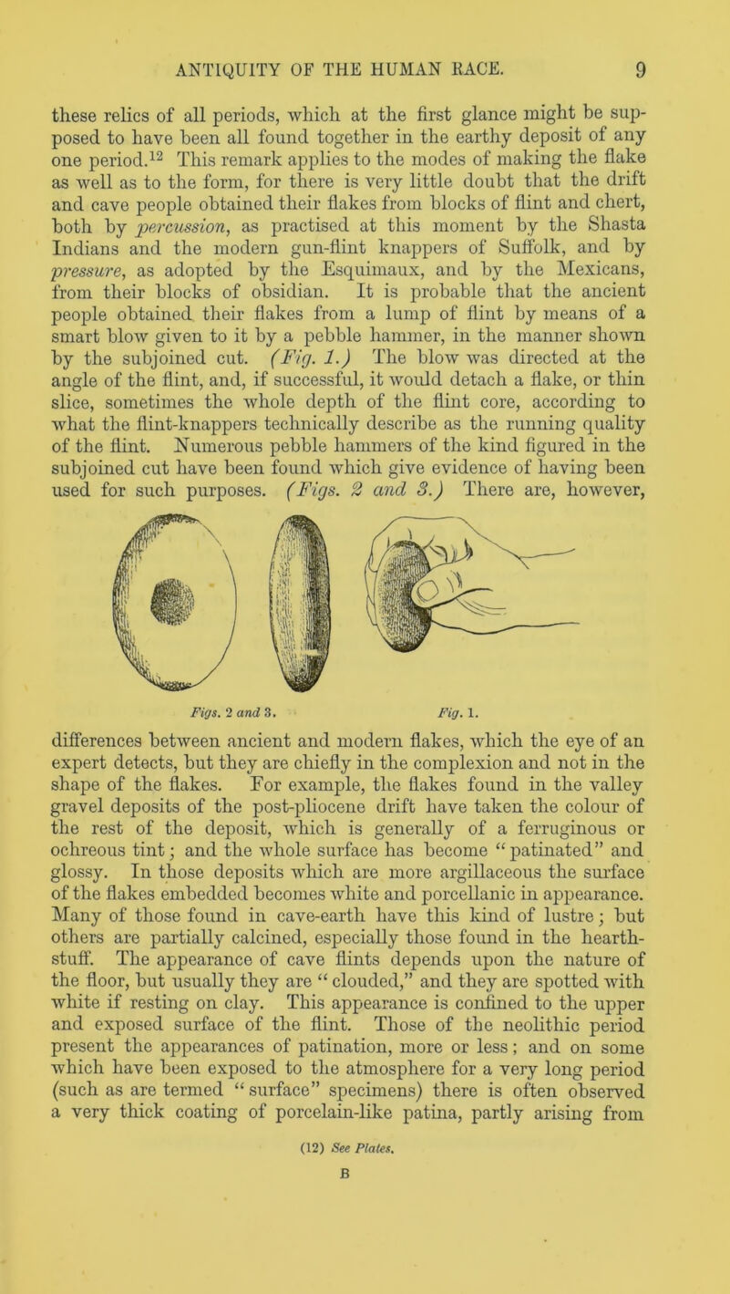 these relics of all periods, which at the first glance might be sup- posed to have been all found together in the earthy deposit of any one period.12 This remark applies to the modes of making the flake as well as to the form, for there is very little doubt that the drift and cave people obtained their flakes from blocks of flint and chert, both by percussion, as practised at this moment by the Shasta Indians and the modern gun-flint knappers of Suffolk, and by pressure, as adopted by the Esquimaux, and by the Mexicans, from their blocks of obsidian. It is probable that the ancient people obtained their flakes from a lump of flint by means of a smart blow given to it by a pebble hammer, in the manner shown by the subjoined cut. (Fig. 1.) The blow was directed at the angle of the flint, and, if successful, it would detach a flake, or thin slice, sometimes the whole depth of the flint core, according to what the flint-knappers technically describe as the running quality of the flint. Numerous pebble hammers of the kind figured in the subjoined cut have been found which give evidence of having been used for such purposes. (Figs. 2 and 3.) There are, however, differences between ancient and modern flakes, which the eye of an expert detects, but they are chiefly in the complexion and not in the shape of the flakes. For example, the flakes found in the valley gravel deposits of the post-pliocene drift have taken the colour of the rest of the deposit, which is generally of a ferruginous or oclireous tint; and the whole surface has become “ patinated” and glossy. In those deposits which are more argillaceous the surface of the flakes embedded becomes white and porcellanic in appearance. Many of those found in cave-earth have this kind of lustre; but others are partially calcined, especially those found in the hearth- stuff. The appearance of cave flints depends upon the nature of the floor, but usually they are “ clouded,” and they are spotted with white if resting on clay. This appearance is confined to the upper and exposed surface of the flint. Those of the neolithic period present the appearances of patination, more or less; and on some which have been exposed to the atmosphere for a very long period (such as are termed “ surface” specimens) there is often observed a very thick coating of porcelain-like patina, partly arising from Figs. 2 and 3. Fig. 1. (12) See Plates. B