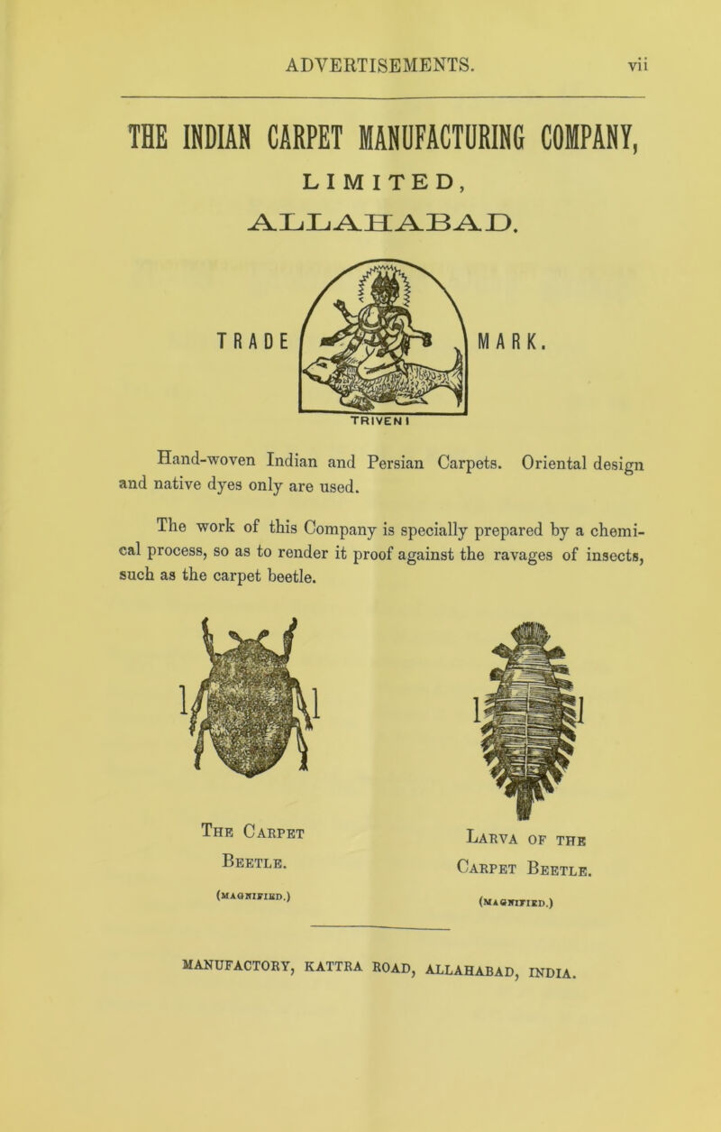 THE INDIAN CARPET MANUFACTURING COMPANY, LIMITED, ALLAHABAD. MARK, Hand-woven Indian and Persian Carpets. Oriental design and native dyes only are used. The work of this Company is specially prepared by a chemi- cal process, so as to render it proof against the ravages of insects, such as the carpet beetle. The Caepet Beetle. (magkisied.) Laeva OF THE Caepet Beetle. (MAainriED.) MANUFACTOEY, KATTEA EOAD, ALLAHABAD, INDIA.