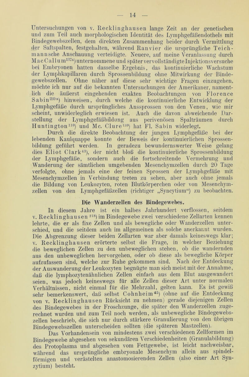 Untersuchungen von v. Recklinghausen lange Zeit an der genetischen und zum Teil auch morphologischen Identität des Lymphgefäßendothels mit Bindegewebszellen, dem direkten Zusammenhang beider durch Vermittlung der Saftspalten, festgehalten, während Ran vier die ursprüngliche Teich - mann sehe Anschauung verteidigte. Neuere, auf meine Veranlassung durch Mac Callum137a) unternommene und später vervollständigte Injektionsversuche bei Embryonen hatten dasselbe Ergebnis, das kontinuierliche Wachstum der Lymphkapillaren durch Sprossenbildung ohne Mitwirkung der Binde- gewebszellen. Ohne näher auf diese sehr wichtige Fragen einzugehen, möchte ich nur auf die bekannten Untersuchungen der Amerikaner, nament- lich die äußerst eingehenden exakten Beobachtungen von Florence Sabin239a) hinweisen, durch welche die kontinuierliche Entwicklung der Lymphgefäße durch ursprüngliches Anssprossen von den Venen, wie mir scheint, unwiderleglich erwiesen ist. Auch die davon abweichende Dar- stellung der Lymphgefäßbildung aus perivenösen Spalträumen durch Huntington110) und Mc. Clure139) hat Fl. Sabin widerlegt. Durch die direkte Beobachtung der jungen Lymphgefäße bei bel- iebenden Kaulquappe konnte der Beweis der kontinuierlichen Sprossen- bildung geführt werden. In geradezu bewundernswerter Weise gelang dies Eliot Clark43), der nicht bloß die kontinuierliche Sprossenbildung der Lymphgefäße, sondern auch die fortschreitende Vermehrung und Wanderung der sämtlichen umgebenden Mesenchymzellen durch 20 Tage verfolgte, ohne jemals eine der feinen Sprossen der Lymphgefäße mit Mesenchymzellen in Verbindung treten zu sehen, aber auch ohne jemals die Bildung von Leukozyten, roten Blutkörperchen oder von Mesenchym- zellen von den Lymphgefäßzellen (richtiger „Syncytium“) zu beobachten. Die Wanderzellen des Bindegewebes. In diesem Jahre ist ein halbes Jahrhundert verflossen, seitdem v. Recklinghausen 218) im Bindegewebe zwei verschiedene Zellarten kennen lehrte, die er als fixe Zellen und als bewegliche oder Wanderzellen unter- schied, und die seitdem auch im allgemeinen als solche anerkannt wurden. Die Abgrenzung dieser beiden Zellarten war aber damals keineswegs klar; v. Recklinghausen erörterte selbst die Frage, in welcher Beziehung die beweglichen Zellen zu den unbeweglichen stehen, ob die wandernden aus den unbeweglichen hervorgehen, oder ob diese als bewegliche Körper aufzufassen sind, welche zur Ruhe gekommen sind. Nach der Entdeckung der Auswanderung der Leukozyten begnügte man sich meist mit der Annahme, daß die lymphozytenähnlichen Zellen einfach aus dem Blut ausgewandert seien, was jedoch keineswegs für alle Zellen dieser Art unter normalen Verhältnissen, nicht einmal für die Mehrzahl, gelten kann. Es ist gewiß sehr bemerkenswert, daß selbst Cohnheim45) (ohne auf die Entdeckung von v. Recklinghausen Rücksicht zu nehmen) gerade diejenigen Zellen des Bindegewebes in der Froschzunge, die später den Wanderzellen zuge- rechnet wurden und zum Teil noch werden, als unbewegliche Bindegewebs- zellen beschrieb, die sich nur durch stärkere Granulierung von den übrigen Bindegewebszellen unterscheiden sollten (die späteren Mastzellen). Das Vorhandensein von mindestens zwei verschiedenen Zellformen im Bindegewebe abgesehen von sekundären Verschiedenheiten (Granulabildung) des Protoplasma und abgesehen vom Fettgewebe, ist leicht nachweisbar, während das ursprüngliche embryonale Mesenchym allein aus spindel- förmigen und verästelten anastomosierenden Zellen (also einer Art Syn- zytium) besteht.