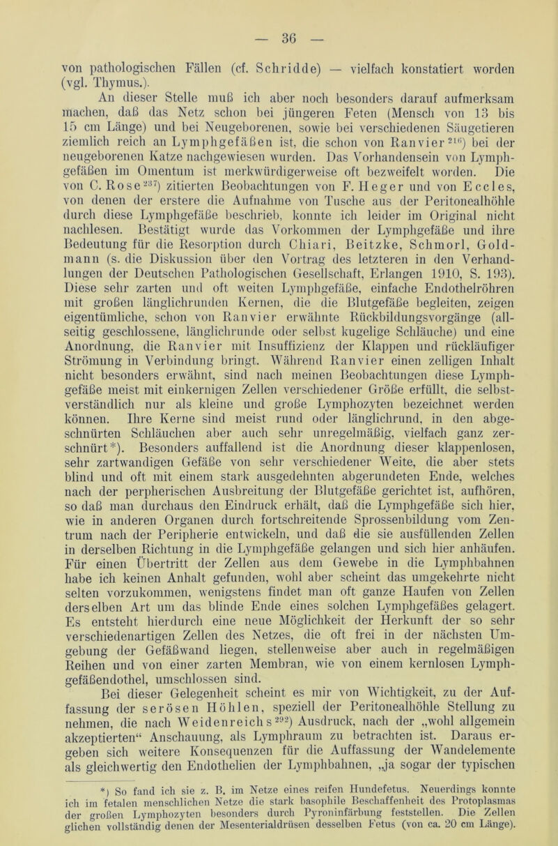 von pathologischen Fällen (cf. Schridde) — vielfach konstatiert worden (vgl. Thymus.). An dieser Stelle muß ich aber noch besonders darauf aufmerksam machen, daß das Netz schon bei jüngeren Feten (Mensch von 13 bis 15 cm Länge) und bei Neugeborenen, sowie bei verschiedenen Säugetieren ziemlich reich an Lymphgefäßen ist, die schon von Ranvier216) bei der neugeborenen Katze nachgewiesen wurden. Das Vorhandensein von Lymph- gefäßen im Omentum ist merkwürdigerweise oft bezweifelt worden. Die von C. Rose267) zitierten Beobachtungen von F. Heger und von Eccles, von denen der erstere die Aufnahme von Tusche aus der Peritonealhöhle durch diese Lymphgefäße beschrieb, konnte ich leider im Original nicht nachlesen. Bestätigt wurde das Vorkommen der Lymphgefäße und ihre Bedeutung für die Resorption durch Chiari, Beitzke, Schmorl, Gold- mann (s. die Diskussion über den Vortrag des letzteren in den Verhand- lungen der Deutschen Pathologischen Gesellschaft, Erlangen 1910, S. 193). Diese sehr zarten und oft weiten Lymphgefäße, einfache Endothelröhren mit großen länglichrunden Kernen, die die Blutgefäße begleiten, zeigen eigentümliche, schon von Ranvier erwähnte Rückbildungsvorgänge (all- seitig geschlossene, länglichrunde oder selbst kugelige Schläuche) und eine Anordnung, die Ran vier mit Insuffizienz der Klappen und rückläufiger Strömung in Verbindung bringt. Während Ranvier einen zelligen Inhalt nicht besonders erwähnt, sind nach meinen Beobachtungen diese Lymph- gefäße meist mit einkernigen Zellen verschiedener Größe erfüllt, die selbst- verständlich nur als kleine und große Lymphozyten bezeichnet werden können. Ihre Kerne sind meist rund oder länglichrund, in den abge- schnürten Schläuchen aber auch sehr unregelmäßig, vielfach ganz zer- schnürt*). Besonders auffallend ist die Anordnung dieser klappenlosen, sehr zartwandigen Gefäße von sehr verschiedener Weite, die aber stets blind und oft mit einem stark ausgedehnten abgerundeten Ende, welches nach der perpherischen Ausbreitung der Blutgefäße gerichtet ist, aufhören, so daß man durchaus den Eindruck erhält, daß die Lymphgefäße sich hier, wie in anderen Organen durch fortschreitende Sprossenbildung vom Zen- trum nach der Peripherie entwickeln, und daß die sie ausfüllenden Zellen in derselben Richtung in die Lymphgefäße gelangen und sich hier anhäufen. Für einen Übertritt der Zellen aus dem Gewebe in die Lymphbahnen habe ich keinen Anhalt gefunden, wohl aber scheint das umgekehrte nicht selten vorzukommen, wenigstens findet man oft ganze Haufen von Zellen derselben Art um das blinde Ende eines solchen Lymphgefäßes gelagert. Es entsteht hierdurch eine neue Möglichkeit der Herkunft der so sein- verschiedenartigen Zellen des Netzes, die oft frei in der nächsten Um- gebung der Gefäßwand liegen, stellenweise aber auch in regelmäßigen Reihen und von einer zarten Membran, wie von einem kernlosen Lymph- gefäßendothel, umschlossen sind. Bei dieser Gelegenheit scheint es mir von Wichtigkeit, zu der Auf- fassung der serösen Höhlen, speziell der Peritonealhöhle Stellung zu nehmen, die nach Weidenreichs 292) Ausdruck, nach der „wohl allgemein akzeptierten“ Anschauung, als Lymphraum zu betrachten ist. Daraus er- geben sich weitere Konsequenzen für die Auffassung der Wandelemente als gleichwertig den Endothelien der Lymphbahnen, „ja sogar der typischen *) So fand ich sie z. B. im Netze eines reifen Hundefetus. Neuerdings konnte ich im fetalen menschlichen Netze die stark basophile Beschaffenheit des Protoplasmas der großen Lymphozyten besonders durch Pyroninfärbung feststellen. Die Zellen glichen vollständig denen der Mesenterialdrüsen desselben Fetus (von ca. 20 cm Länge).