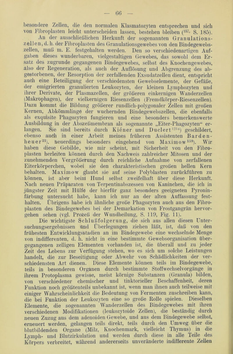 besondere Zellen, die den normalen Klasmatozyten entsprechen und sich von Fibroplasten leicht unterscheiden lassen, bestehen bleiben (157> S. 185). An der ausschließlichen Herkunft der sogenannten Granulations- zellen, d. h. der Fibroplasten des Granulationsgewebes von den Bindegewebs- zellen, muß m. E. festgehalten werden. Den so verschiedenartigen Auf- gaben dieses wunderbaren, vielgestaltigen Gewebes, das sowohl dem Er- satz des zugrunde gegangenen Bindegewebes, selbst des Knochengewebes, also der Regeneration, als auch der Auflösung und Abgrenzung des ab- gestorbenen, der Resorption der zerfallenden Exsudatzellen dient, entspricht auch eine Beteiligung der verschiedensten Gewebselemente, der Gefäße, der emigrierten granulierten Leukozyten, der kleinen Lymphozyten und ihrer Derivate, der Plasmazellen, der größeren einkernigen Wanderzellen (Makrophagen), der vielkernigen Riesenzellen (Fremdkörper-Riesenzellen). Dazu kommt die Bildung größerer rundlich-polygonaler Zellen mit großen Kernen, Abkömmlinge der wuchernden Bindegewebszellen, die ebenfalls als exquisite Phagozyten fungieren und eine besonders bemerkenswerte Ausbildung in der Abszeßmembran als sogenannte „Eiter-Phagozyten“ er- langen. Sie sind bereits durch Kiener und Duclertl23a) geschildert, ebenso auch in einer Arbeit meines früheren Assistenten Barden- heuer21), neuerdings besonders eingehend von Maximow159). Wir haben diese Gebilde, wie mir scheint, mit Sicherheit von den Fibro- plasten herleiten können durch den Nachweis zahlreicher Mitosen und der zunehmenden Vergrößerung durch reichliche Aufnahme von zerfallenen Eiterkörperchen, wobei sie den charakteristischen großen hellen Kern behalten. Maximow glaubt sie auf seine Polyblasten zurückführen zu können, ist aber beinl Hund selbst zweifelhaft über diese Herkunft. Nach neuen Präparaten von Terpentinabszessen von Kaninchen, die ich in jüngster Zeit mit Hülfe der hierfür ganz besonders geeigneten Pyronin- färbung untersucht habe, kann ich nur an der alten Auffassung fest- lialten. Übrigens habe ich ähnliche große Phagozyten auch aus den Fibro- plasten des Bindegewebes bei der Demarkation von Frostgangrän hervor- gehen sehen (vgl. Prozeß der Wundheilung, S. 119, Fig. 11). Die wichtigste Schlußfolgerung, die sich aus allen diesen Unter- suchungsergebnissen und Überlegungen ziehen läßt, ist, daß von den frühesten Entwicklungsstadien an im Bindegewebe eine wechselnde Menge von indifferenten, d. h. nicht in eine bestimmte Gewebsorganisation über- gegangenen zelligen Elementen vorhanden ist, die überall und zu jeder Zeit des Lebens zur Verfügung stehen, wo es sich um solche Leistungen handelt, die zur Beseitigung oder Abwehr von Schädlichkeiten der ver- schiedensten Art dienen. Diese Elemente können teils im Bindegewebe, teils in besonderen Organen durch bestimmte Stoffwechselvorgänge in ihrem Protoplasma gewisse, meist körnige Substanzen (Granula) bilden, von verschiedener chemischer und tinktorieller Beschaffenheit, deren Funktion noch größtenteils unbekannt ist, wenn man ihnen auch teilweise mit einiger Wahrscheinlichkeit die Bedeutung von Fermenten zuschreiben kann, die bei Funktion der Leukozyten eine so große Rolle spielen. Dieselben Elemente, die sogenannten Wanderzellen des Bindegewebes mit ihren verschiedenen Modifikationen (leukozytoide Zellen), die beständig durch neuen Zuzug aus dem adenoiden Gewebe, und aus dem Bindegewebe selbst, erneuert werden, gelangen teils direkt, teils durch den Umweg über die blutbildenden Organe (Milz, Knochenmark, vielleicht Thymus) in die Lympli- und Blutzirkulation und werden durch diese in alle Teile des Körpers verbreitet, während andererseits unveränderte indifferente Zellen