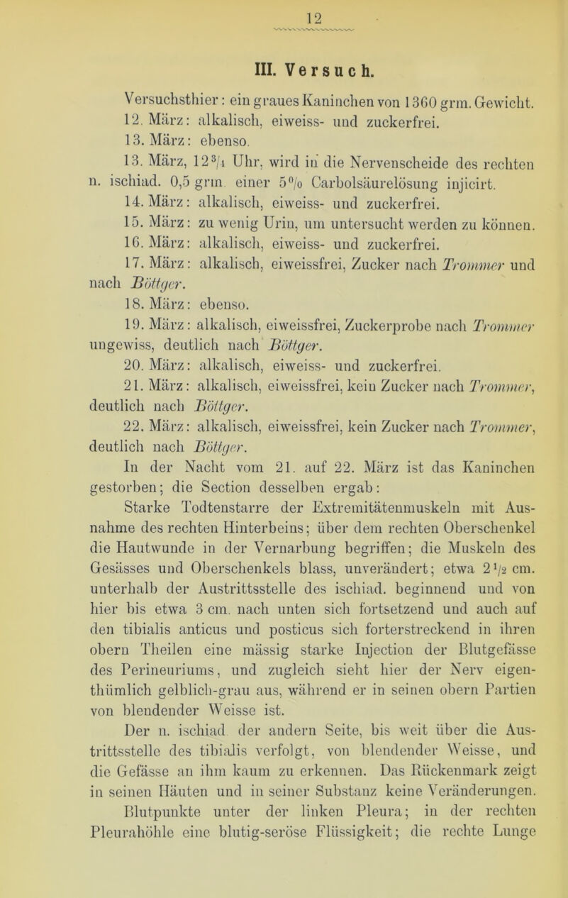 III. Versuch. Versuchsthier: ein graues Kaninchen von 13G0 grm. Gewicht. 12. März: alkalisch, eiweiss- und zuckerfrei. 13. März: ebenso. 13. März, 123/i Uhr, wird in die Nervenscheide des rechten n. ischiad. 0,5 grm einer 5°/o Carbolsäurelösung injicirt. 14. März: alkalisch, eiweiss- und zuckerfrei. 15. März: zu wenig Urin, um untersucht werden zu können. 16. März: alkalisch, eiweiss- und zuckerfrei. 17. März: alkalisch, eiweissfrei, Zucker nach Trommer und nach B'öttger. 18. März: ebenso. 19. März: alkalisch, eiweissfrei, Zuckerprobe nach Trommer ungewiss, deutlich nach B'öttger. 20. März: alkalisch, eiweiss- und zuckerfrei. 21. März: alkalisch, eiweissfrei, kein Zucker nach Trommer, deutlich nach B'öttger. 22. März: alkalisch, eiweissfrei, kein Zucker nach Trommer, deutlich nach B'öttger. In der Nacht vom 21. auf 22. März ist das Kaninchen gestorben; die Section desselben ergab: Starke Todtenstarre der Extremitätenmuskeln mit Aus- nahme des rechten Hinterbeins; über dem rechten Oberschenkel die Hautwunde in der Vernarbung begriffen; die Muskeln des Gesässes und Oberschenkels blass, unverändert; etwa 2*/2 cm. unterhalb der Austrittsstelle des ischiad. beginnend und von hier bis etwa 3 cm. nach unten sich fortsetzend und auch auf den tibialis anticus und posticus sich forterstreckend in ihren obern Theilen eine mässig starke Injection der Blutgefässe des Perineuriums, und zugleich sieht hier der Nerv eigen- thlimlich gelblich-grau aus, während er in seinen obern Partien von blendender Weisse ist. Der n. ischiad der andern Seite, bis weit über die Aus- trittsstelle des tibialis verfolgt, von blendender Weisse, und die Gefässe an ihm kaum zu erkennen. Das lllickenmark zeigt in seinen Häuten und in seiner Substanz keine Veränderungen. Blutpunkte unter der linken Pleura; in der rechten Pleurahöhle eine blutig-seröse Flüssigkeit; die rechte Lunge