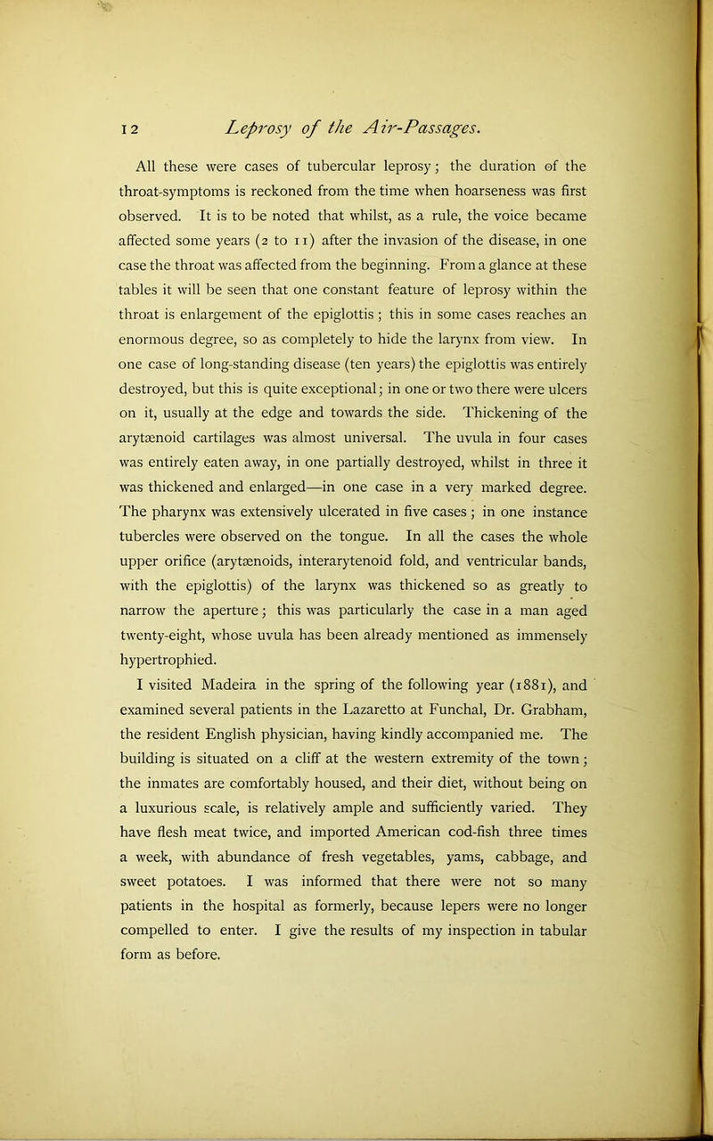 All these were cases of tubercular leprosy; the duration of the throat-symptoms is reckoned from the time when hoarseness was first observed. It is to be noted that whilst, as a rule, the voice became affected some years (2 to n) after the invasion of the disease, in one case the throat was affected from the beginning. From a glance at these tables it will be seen that one constant feature of leprosy within the throat is enlargement of the epiglottis; this in some cases reaches an enormous degree, so as completely to hide the larynx from view. In one case of long-standing disease (ten years) the epiglottis was entirely destroyed, but this is quite exceptional; in one or two there were ulcers on it, usually at the edge and towards the side. Thickening of the arytaenoid cartilages was almost universal. The uvula in four cases was entirely eaten away, in one partially destroyed, whilst in three it was thickened and enlarged—in one case in a very marked degree. The pharynx was extensively ulcerated in five cases ; in one instance tubercles were observed on the tongue. In all the cases the whole upper orifice (arytenoids, interarytenoid fold, and ventricular bands, with the epiglottis) of the larynx was thickened so as greatly to narrow the aperture; this was particularly the case in a man aged twenty-eight, whose uvula has been already mentioned as immensely hypertrophied. I visited Madeira in the spring of the following year (1881), and examined several patients in the Lazaretto at Funchal, Dr. Grabham, the resident English physician, having kindly accompanied me. The building is situated on a cliff at the western extremity of the town; the inmates are comfortably housed, and their diet, without being on a luxurious scale, is relatively ample and sufficiently varied. They have flesh meat twice, and imported American cod-fish three times a week, with abundance of fresh vegetables, yams, cabbage, and sweet potatoes. I was informed that there were not so many patients in the hospital as formerly, because lepers were no longer compelled to enter. I give the results of my inspection in tabular form as before.