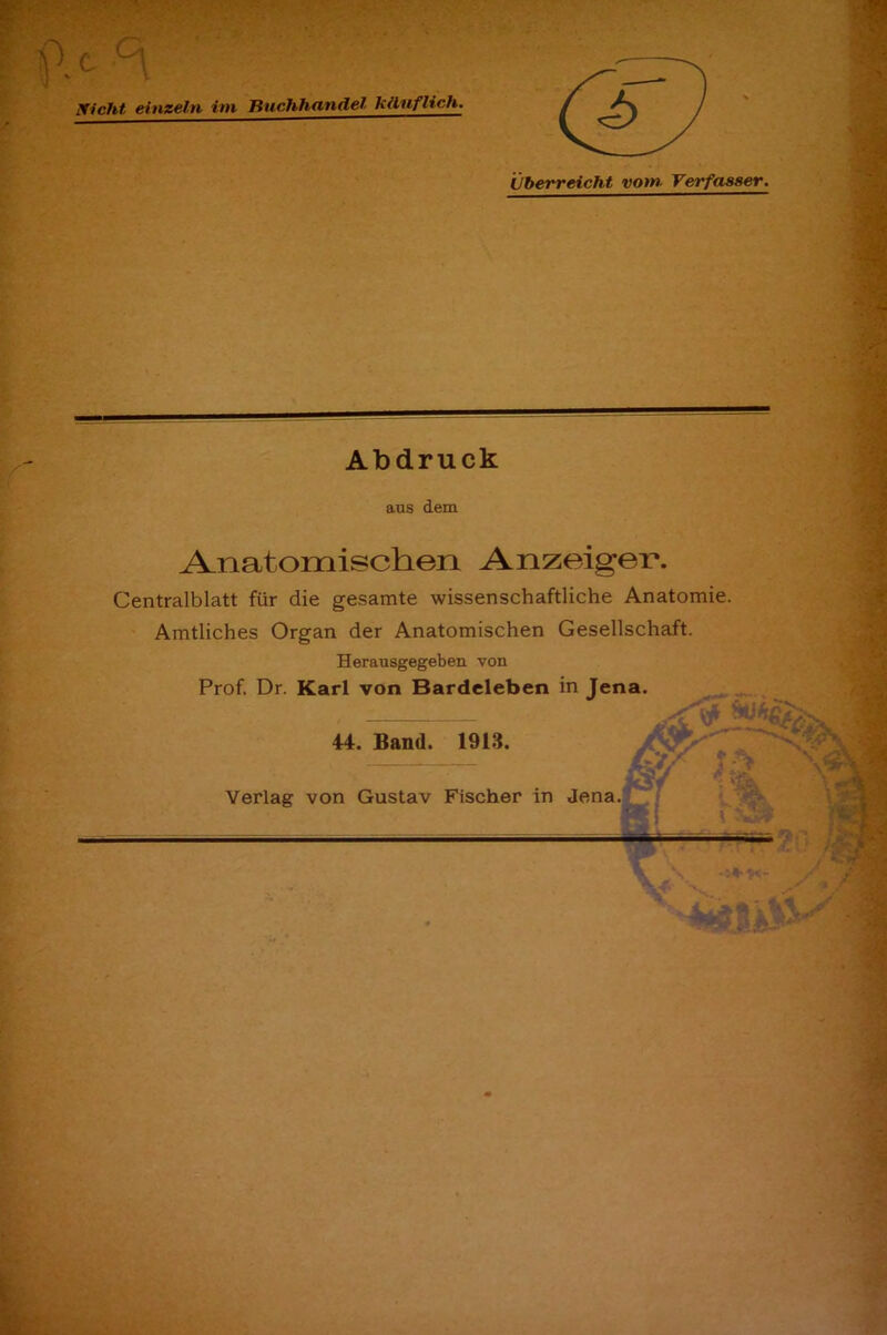 iXicht einzeln ini Ttuchhandel kituflich. Abdruck aus dem Anatomischen Anzeigex\ Centralblatt fur die gesamte wissenschaftliche Anatomie. Amtliches Organ der Anatomischen Gesellschaft. Herausgegeben von Prof. Dr. Karl von Bardeleben in Jena. , 44. Band. 1913. Verlag von Gustav Fischer in Jena. mn-.T-a, t i