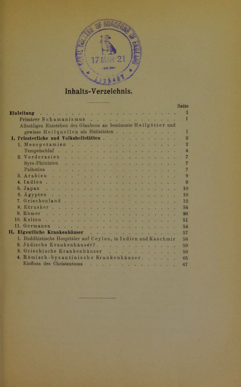 Inhalts-V erzeichnis. Seite Einleitung 1 Primärer Schamanismus 1 Ailmäliges Entstehen des Glaubens an bestimmte Heilgötter und gewisse Heilquellen als Heilstätten 1 I. Priesterliche und Volksheilstätten 2 1. Mesopotamien . . . . 2 Tempelschlaf 4 2. Vorderasien 7 Syro-Phönizien 7 Palästina 7 3. Arabien • 9 4. Indien 9 5. Japan 10 6. Ägypten 10 7. Griechenland • 12 8. Etrusker 34 9. Römer 36 10. Kelten 51 11. Germanen 54 II. Eigentliche Krankenhäuser 57 1. Buddhistische Hospitäler auf Ceylon, in Indien und Kaschmir 58 2. Jüdische Krankenhäuser? 59 3. Griechische Krankenhäuser 59 4. Römisch-byzantinische Krankenhäuser 65