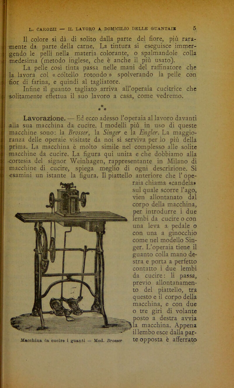 Il colore si dà di solito dalla parte del fiore, più rara- mente da parte della carne. La tintura si eseguisce immer- I gendo le pelli nella materia colorante, o spalmandole colla I medesima (metodo inglese, che è anche il più usato). La pelle così tinta passa nelle mani del raffinatore che j la lavora col « coltello rotondo » spolverando la pelle con j fior di farina, e quindi al tagliatore. Infine il guanto tagliato arriva all’operaia cucitrice che j solitamente effettua il suo lavoro a casa, come vedremo. * * # Lavorazione. — Ed ecco adesso l’operaia al lavoro davanti alla sua macchina da cucire. I modelli più in uso di queste macchine sono: la Brosser, la Singer e la Engler. La maggio- ranza delle operaie visitate da noi si serviva per lo più della prima. La macchina è molto simile nel complesso alle solite macchine da cucire. La figura qui unita e che dobbiamo alla cortesia del signor Weinhagen, rappresentante in Milano di macchine di cucire, spiega meglio di ogni descrizione. Si •esamini un istante la figura. Il piattello anteriore che 1’ ope- raia chiama «candela» sul quale scorre l’ago, vien allontanato dal corpo della macchina, per introdurre i due lembi da cucire o con una leva a pedale o con una a ginocchio come nel modello Sin- ger. L’operaia tiene il guanto colla mano de- stra e porta a perfetto contatto i due lembi da cucire: li passa, previo allontanamen- to del piattello, tra questo e il corpo della macchina, e con due o tre giri di volante posto a destra avvia la macchina. Appena il lembo esce dalla par- Macchinu da cucire i guanti — Mod. Broeser te Opposta e afferrato