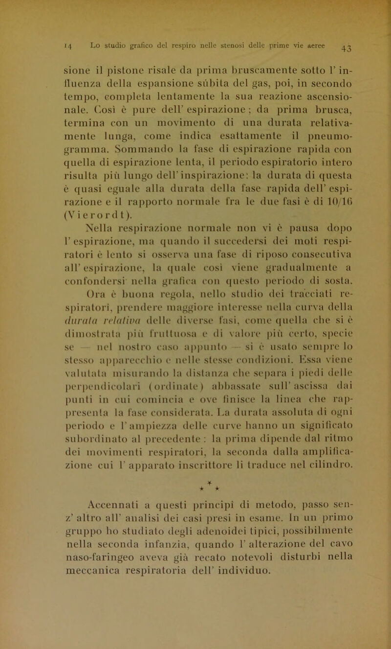 sione il ])istone risale da iirima liriiscamente sotto 1’ in- lliienza della espansione sùbita del gas, poi, in secondo teinj)o, completa lentamente la sua reazione ascensio- nale. ('.osi è |)ure dell’espirazione; da prima brusca, termina con un movimento di una durata relativa- mente lunga, come indica esattamente il pneumo- gramma. Sommando la fase di espirazione ra|)ida con quella di espirazione lenta, il periodo espiratorio intero risulta j)iù lungo dell’insjnrazione: la tlurata di ([iiesta è (juasi eguale alla durata della fase rai)ida dell’espi- razione e il rapporto normale fra le due fasi è di 10,11) (V i e r o r (11 ). Nella respirazione normale non vi è pausa dopo 1’espirazione, ma (juando il succedersi dei moti respi- ratori è lento si osserva una fase di riposo consecutiva all’espirazione, la (|uale cosi viene gradualmente a confondersi nella grallca con (luesto periodo di sosta. Ora è buona regola, nello studio dei tracciati re- spiratori, prenclere maggiore interesse nella curva della durala rrlaliaa delle diverse fasi, come (| nel la die si è ilimostrata piii fruttuosa e di valore più certo, specie se nel nostro caso appunto si è usato sempre lo stesso apparecchio i- nelle stesse condizioni, l^ssa viene valutata misurando la distanza che separa i piedi delle perpendicolari (ordinate) abbassate sull’ascissa dai |uinti ili cui comincia e ove linisce la linea die rap- liresenta la fase considerata. La durata assoluta ili ogni periodo e l’ampiezza delle curve hanno un signilicato subordinato al precedente : la prima dipende dal ritmo dei movimenti respiratori, la seconda dalla amplilìca- zione cui l’apparato inscrittore ti traduce nel cilindro. * * .\ccennati a questi principi di metodo, passo sen- z’ altro all’ analisi dei casi presi in esame. In un primo gruppo ho studiato degli adenoidei tipici, |iossibilmente nella seconda infanzia, quando 1’alterazione del cavo naso-faringeo aveva già recato notevoli disturbi nella meccanica respiratoria dell’ individuo.