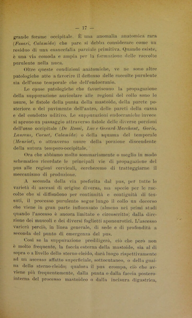 grande foratile occipitale. È una anomalia anatomica rara (Fusari, Cala m iriti) che pare si debba considerare come un residuo di una esan cefali a parziale primitiva. Quando esiste, è una via comoda e ampia por la formazione delle raccolte purulente nella nuca. Oltre queste condizioni anatomiche, ve ne sono altre patologiche atto a favorire il deflusso delle raccolte purulente sia dell’osso temporale che dell’endocranio. Le cause patologiche che favoriscono la propagazione della suppurazione auricolare alle regioni del collo sono le usure, le fistole della punta della mastoide, della parete po- steriore o del pavimento dell’antro, delle pareti della cassa e del condotto uditivo. Le suppurazioni endocraniche invece si aprono un passaggio attraverso fistole delle diverse porzioni dell’osso occipitale (De Dossi, Tmc e Gerard-Marclumt, Goris, Ltutrens, Cornei, Calti miriti) o della squama del temporale (.1 Teuriot), o attraverso usure della, porzione discendente della sutura temporo-occipitale. Ora elio abbiamo molto sommariamente o meglio in modo schematico ricordate le principali vie di propagazione del pus alle regioni cervicali, cercheremo di tratteggiarne il meccanismo di produzione. A seconda della via preferita dal pus, per tutte le varietà di ascessi di origine diversa, ma specie per le rac- colte che si diffondono per continuità e contiguità di tes- suti, il processo purulento segue lungo il collo un decorso che viene in gran parte influenzato (almeno noi primi stadi quando l’ascesso è ancora limitato e circoscritto) dalla dire- ziono dei muscoli e dei diversi foglietti aponeurotiei. L’ascesso varierà perciò, in linea generale, di sede e di profondità a seconda del punto di emergenza del pus. Cosi se la suppurazione prediligerà, ciò che però non è molto frequente, la faccia esterna della mastoide, sia al di sopra o a livello dello sterno-cloido, darà luogo rispettivamente ad un ascesso affatto superficiale, sottocutaneo, o della guai- na dello sterno-cleido; qualora il pus erompa, ciò che av- viene più frequentemente, dalla punta o dalla faccia postero- interna del processo mastoideo o dalla incisimi digastrica.