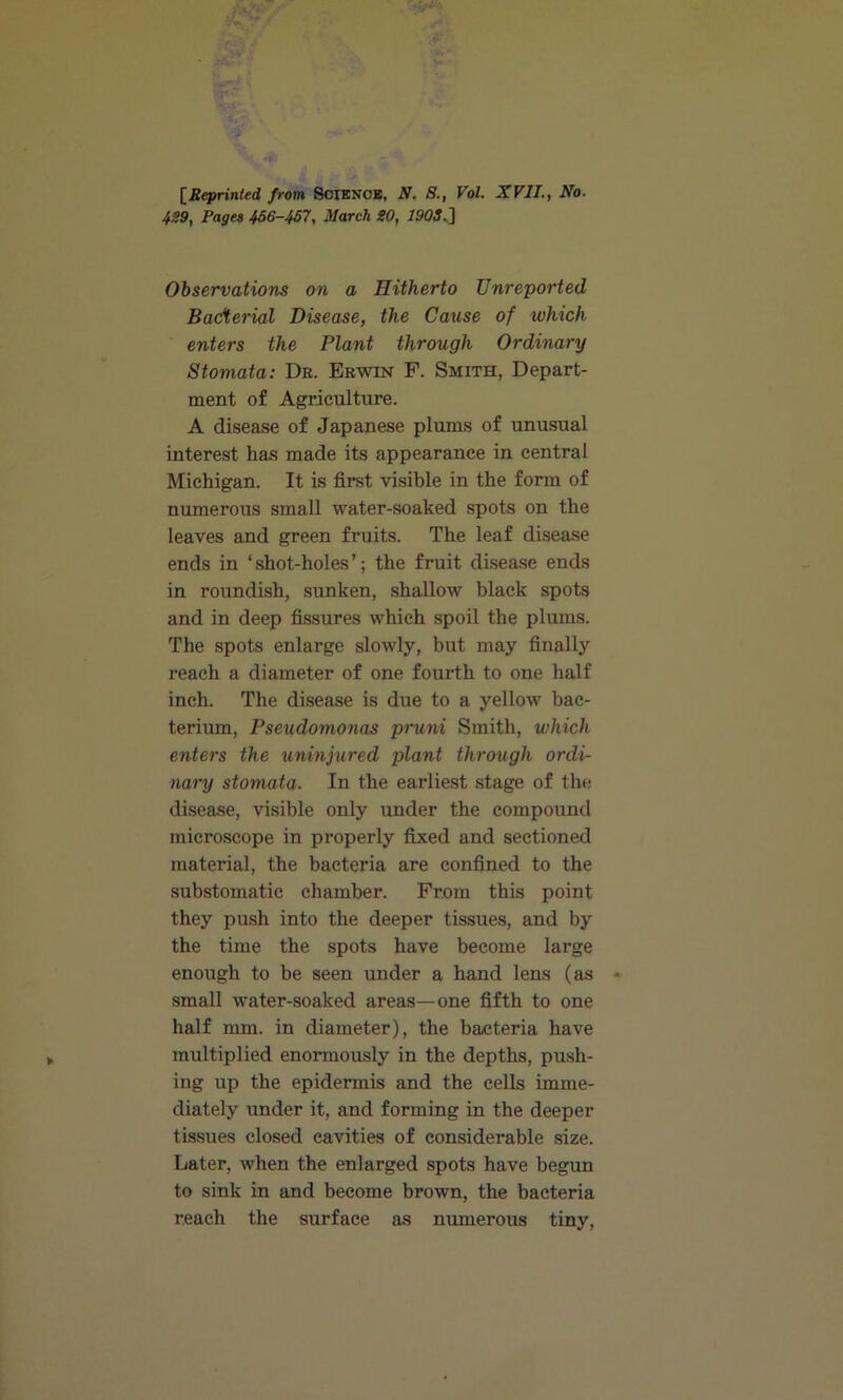 [Reprinted from Science, N. S., Vol. XVII., No. 439, Pages 456-457, March 30, 1903.] Observations on a Hitherto Unreported Badterial Disease, the Cause of which enters the Plant through Ordinary Stomata: Dr. Erwin F. Smith, Depart- ment of Agriculture. A disease of Japanese plums of unusual interest has made its appearance in central Michigan. It is first visible in the form of numerous small water-soaked spots on the leaves and green fruits. The leaf disease ends in ‘shot-holes’; the fruit disease ends in roundish, sunken, shallow black spots and in deep fissures which spoil the plums. The spots enlarge slowly, but may finally reach a diameter of one fourth to one half inch. The disease is due to a yellow bac- terium, Pseudomonas pruni Smith, which enters the uninjured plant through ordi- nary stomata. In the earliest stage of the disease, visible only under the compound microscope in properly fixed and sectioned material, the bacteria are confined to the substomatic chamber. From this point they push into the deeper tissues, and by the time the spots have become large enough to be seen under a hand lens (as small water-soaked areas—one fifth to one half mm. in diameter), the bacteria have multiplied enormously in the depths, push- ing up the epidermis and the cells imme- diately under it, and forming in the deeper tissues closed cavities of considerable size. Later, when the enlarged spots have begun to sink in and become brown, the bacteria reach the surface as numerous tiny,