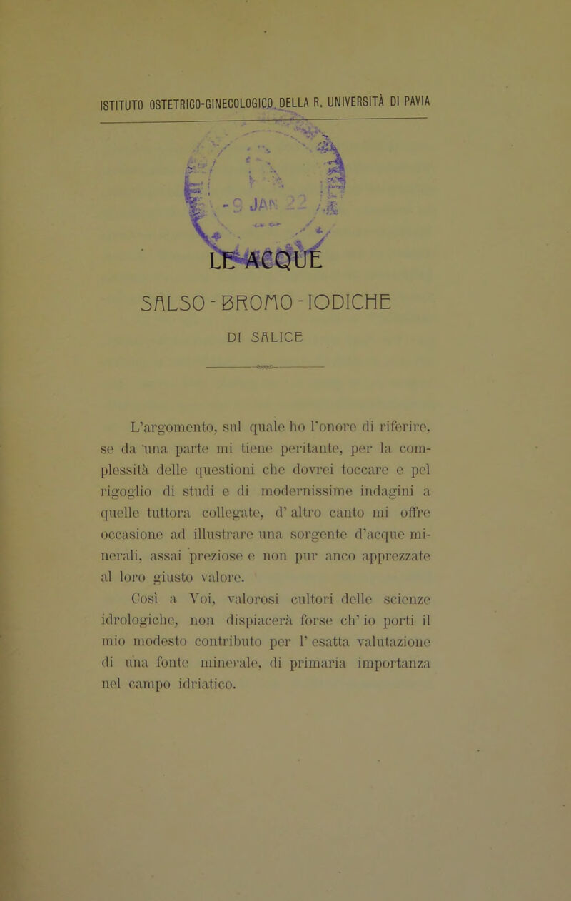 ISTITUTO OSTETRICO-GINECOLOGICA. DELLA R. UNIVERSITÀ DI PAVIA SALSO-BROnO-IODICHE DI SALICE L’argomoiito, sul quale ho l'onore di riferire, se da una parte ini tiene peritante, per la com- plessità delle ([uestioni che dovrei toccare e pel rigoglio di studi e di modernissime indagini a (piede tuttora collegate, d’altro canto mi offre occasione ad illustrare una sorgente d’acque mi- nerali, assai preziose e non pur anco apprezzate al loro giusto valore. Cosi a Voi, valorosi cultori delle scienze idrologiche, non dispiacerà forse eh’ io porti il mio modesto contributo per 1’ esatta valutazione di una fonte minerale, di primaria importanza nel campo idriatico.