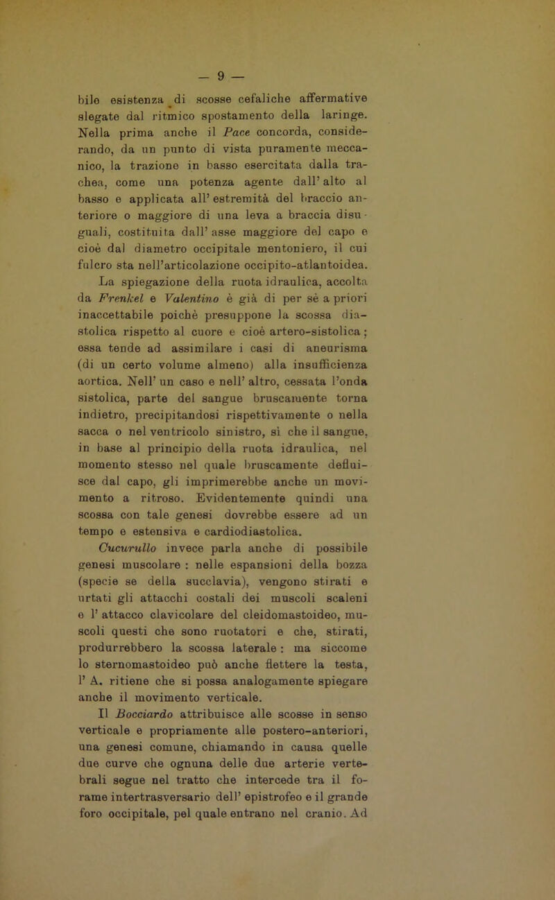 bilo esistenza di scosse cefaliche affermative slegate dal ritmico spostamento della laringe. Nella prima anche il Pace concorda, conside- rando, da un punto di vista puramente mecca- nico, la trazione in basso esercitata dalla tra- chea, come una potenza agente dall’ alto al basso e applicata all’ estremità del braccio an- teriore o maggiore di una leva a braccia disu ■ guali, costituita dall’ asse maggiore del capo e cioè dal diametro occipitale mentoniero, il cui fulcro sta nell’articolazione occipito-atlantoidea. La spiegazione della ruota idraulica, accolta da Frenkel e Valentino è già di per sè a priori inaccettabile poiché presuppone la scossa dia- stolica rispetto al cuore e cioè artero-sistolica ; essa tende ad assimilare i casi di aneurisma (di un certo volume almeno) alla insufficienza aortica. Nell’ un caso e nell’ altro, cessata l’onda sistolica, parte del sangue bruscamente torna indietro, precipitandosi rispettivamente o nella sacca o nel ventricolo sinistro, si che il sangue, in base al principio della ruota idraulica, nel momento stesso nel quale bruscamente deflui- sce dal capo, gli imprimerebbe anche un movi- mento a ritroso. Evidentemente quindi una scossa con tale genesi dovrebbe essere ad un tempo e estensiva e cardiodiastolica. Gucurullo invece parla anche di possibile genesi muscolare : nelle espansioni della bozza (specie se della succlavia), vengono stirati e urtati gli attacchi costali dei muscoli scaleni e 1’ attacco clavicolare del cleidomastoideo, mu- scoli questi che sono ruotatori e che, stirati, produrrebbero la scossa laterale : ma siccome lo sternomastoideo può anche flettere la testa, 1’ A. ritiene che si possa analogamente spiegare anche il movimento verticale. Il Bocciardo attribuisce alle scosse in senso verticale e propriamente alle postero-anteriori, una genesi comune, chiamando in causa quelle due curve che ognuna delle due arterie verte- brali segue nel tratto che intercede tra il fo- rame intertrasversario dell’ epistrofeo e il grande foro occipitale, pel quale entrano nel cranio. Ad