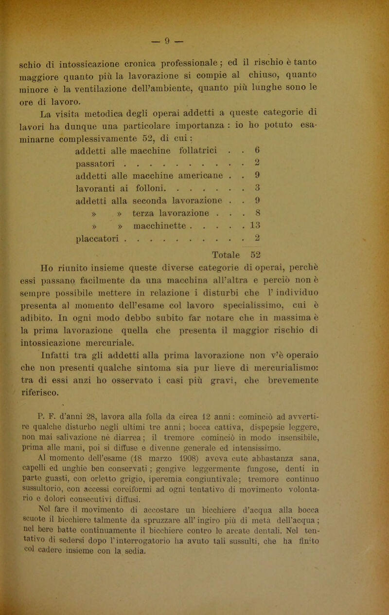 schio di intossicazione cronica professionale ; ed il rischio è tanto maggiore quanto più la lavorazione si compie al chiuso, quanto minore è la ventilazione delPambiente, quanto più lunghe sono le ore di lavoro. La visita metodica degli operai addetti a queste categorie di lavori ha dunque una particolare importanza : io ho potuto esa- minarne complessivamente 52, di cui : addetti alle macchine follatrici . . 6 passatori 2 addetti alle macchine americane . . 9 lavoranti ai folloni 3 addetti alla seconda lavorazione . . 9 » » terza lavorazione . . . S » » macchinette 13 placcatoci 2 Totale 52 Ho riunito insieme queste diverse categorie di operai, perchè essi passano facilmente da una macchina all’altra e perciò non è sempre possibile mettere in relazione i disturbi che 1’ individuo presenta al momento dell’esame col lavoro specialissimo, cui è adibito. In ogni modo debbo subito far notare che in massima è la prima lavorazione quella che presenta il maggior rischio di intossicazione mercuriale. Infatti tra gli addetti alla prima lavorazione non v’è operaio che non presenti qualche sintonia sia pur lieve di mercurialismo: tra di essi anzi ho osservato i casi più gravi, che brevemente riferisco. P. F. d’anni 28, lavora alla folla da circa 12 anni : cominciò ad avverti- re qualche disturbo negli ultimi tre anni ; bocca cattiva, dispepsie leggere, non mai salivazione nè diarrea; il tremore cominciò in modo insensibile, prima alle mani, poi si diffuse e divenne generale ed intensissimo. Al momento dell’esame (18 marzo 1908) aveva cute abbastanza sana, capelli ed unghie ben conservati ; gengive leggermente fungose, denti in parto guasti, con orletto grigio, iperemia congiuntivaie; tremore continuo sussultorio, con accessi coreiformi ad ogni tentativo di movimento volonta- rio o dolori consecutivi diffusi. Nel fare il movimento di accostare un bicchiere d’acqua alla bocca scuote il bicchiere talmente da spruzzare all’ ingiro più di metà dell’acqua ; nel boro batte continuamente il bicchiere contro le arcate dentali. Nel ten- tativo di sedersi dopo l’interrogatorio ha avuto tali sussulti, che ha finito col cadere insieme con la sedia.