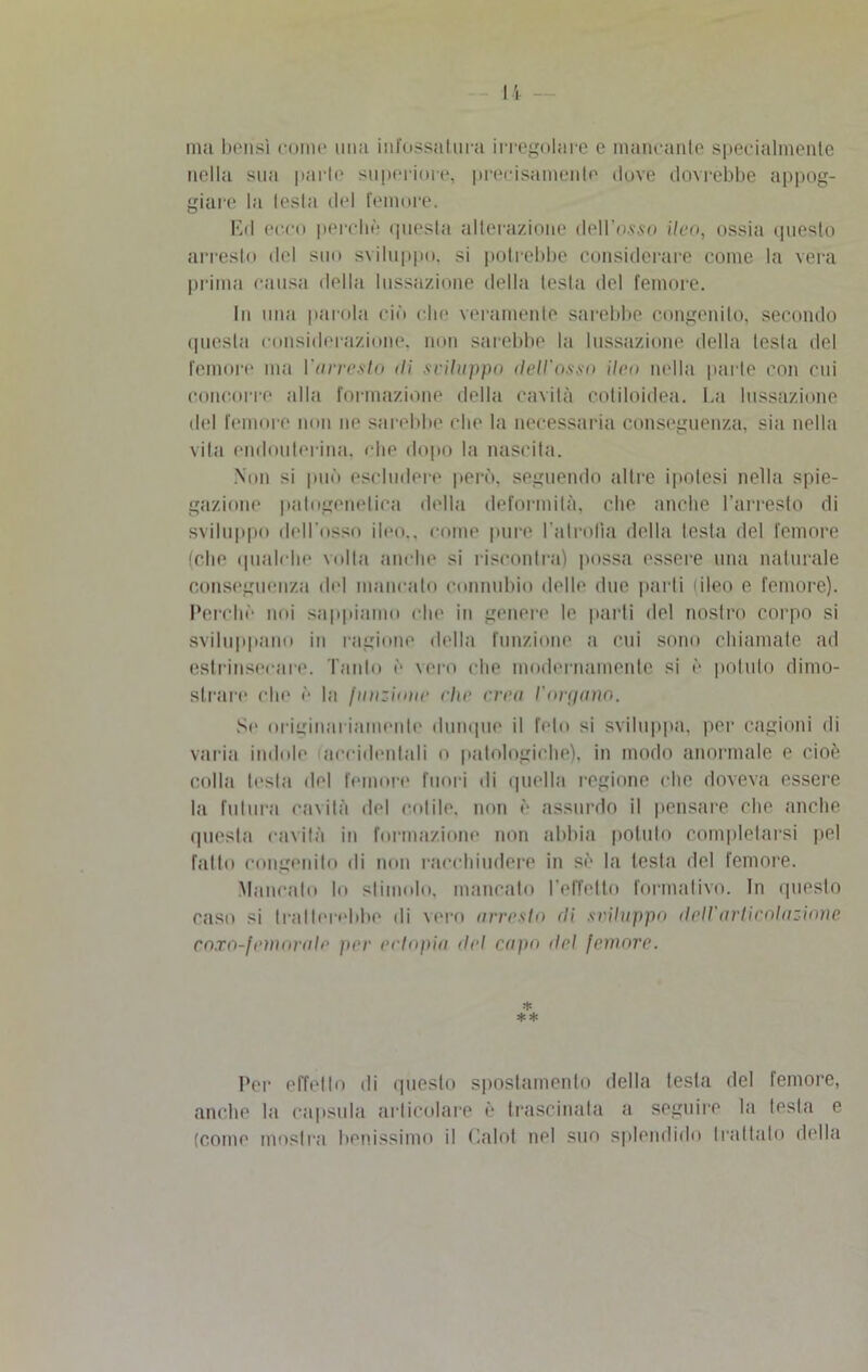 li - ma belisi come una infossai lira irregolare e mancante specialmente nella sua parte superiore, precisamente dove dovrebbe appog- giare la testa del femore. Ed ecco perchè questa alterazione dell'oro ileo, ossia questo arresto del suo sviluppo, si potrebbe considerare come la vera prima causa della lussazione della testa del femore. In una parola ciò che veramente sarebbe congenito, secondo questa considerazione, non sarebbe la lussazione della lesta del femore ma l'arresto ili sviluppo deirosso ileo nella parie con cui concorre alla formazione della cavità cotiloidea. La lussazione del femore non ne sarebbe che la necessaria conseguenza, sia nella vita endouterina, che dopo la nascita. Non si può escludere però, seguendo altre ipotesi nella spie- gazioni' palogenetica della deformità, che anche l’arresto di sviluppo dell'osso ileo,, come pure l'atrofìa della lesta del femore (che qualche volta anche si riscontra) possa essere una naturale conseguenza del mancalo connubio delle due parti (ileo e femore). Perchè noi sappiamo che in genere le parti del nostro corpo si sviluppano in ragione della funzione a cui sono chiamate ad estrinsecare. Tanto è vero che modernamente si è potuto dimo- strare che è la funzione che cren l'organo. Se originariamente dunque il feto si sviluppa, per cagioni di varia indole accidentali o patologiche), in modo anormale e cioè colla lesta del femore fuori di quella regione che doveva essere la futura cavità del colile, non è assurdo il pensare che anche questa cavità in formazione non abbia potuto completarsi pel fatto congenito di non racchiudere in sò la testa del femore. Mancalo lo stimolo, mancato l'effetto formativo. In questo caso si tratterebbe di vero arresto di sviluppo dell'urlicolnzione coxo-femanile per erlopia del cupo ilei femore. * * * Per effetto di questo spostamento della testa del femore, anche la capsula articolare è trascinata a seguire la testa e (come mostra benissimo il Calof nel suo splendido trattalo della