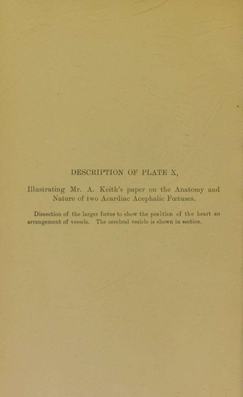 Illustrating Mr. A. Keith’s paper on the Anatomy and Nature of two Acardiac Acephalic Foetuses. Dissection of the larger fcetus to show the position of the heart an arrangement of vessels. The cerebral vesicle is shown in section.