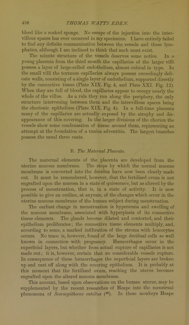 blood like a soaked sponge. Xo escape of the injection into the inter- villous spaces has ever occurred in my specimens. I have entirely failed to find any definite communication between the vessels and these lym- phatics, although I am inclined to think that such must exist. The minute structure of the vessels deserves some notice. In a young placenta from the third month -the capillaries of the larger villi possess a layer of large-celled endothelium, almost cubical in type. In the small villi the tortuous capillaries always possess exceedingly deli- cate walls, consisting of a single layer of endothelium, supported directly by the connective tissue (Plate XIX. Fig. 4, and Plate XXI. Fig. 12). When they are full of blood, the capillaries appear to occupy nearly the whole of the villus. As a rule they run along the periphery, the only structure intervening between them and the intervillous spaces being the chorionic epithelium (Plate XIX. Fig. 4). In a full-time placenta many of the capillaries are actually exposed by the atrophy and dis- appearance of this covering. In the larger divisions of the chorion the vessels show some condensation of tissue around them, representing an attempt at the foundation of a tunica adventitia. The largest branches possess the usual three coats. B. The Maternal Placenta. The maternal elements of the placenta are developed from the uterine mucous membrane. The steps by which the normal mucous membrane is converted into the decidua have now been clearly made out. It must he remembered, however, that the fertilised ovum is not engrafted upon the mucosa in a state of quiescence, but as altered by the process of menstruation, that is, in a state of activity. It is now possible to give an outline, at anyrate, of the changes which occur in the uterine mucous membrane of the human subject during menstruation. The earliest change in menstruation is hypenemia and swelling of the mucous membrane, associated with hyperplasia of its connective tissue elements. The glands become dilated and contorted, and their epithelium proliferates; the connective tissue elements multiply, and, according to some, a marked infiltration of the stroma with leucocytes occurs. Xo trace is, however, found of the large decidual cells so well known in connection with pregnancy. Hmmorrhages occur in the superficial layers, but whether from actual rupture of capillaries is not made out; it is, however, certain that no considerable vessels rupture. In consequence of these haemorrhages the superficial layers are broken up and cast off along with the covering epithelium. It is probably at this moment that the fertilised ovum, reaching the uterus becomes engrafted upon the altered mucous membrane. This account, based upon observations on the human uterus, may be supplemented by the recent researches of Heape into the menstrual phenomena of Scmnopithccus entcllus (48). In these monkeys Heape