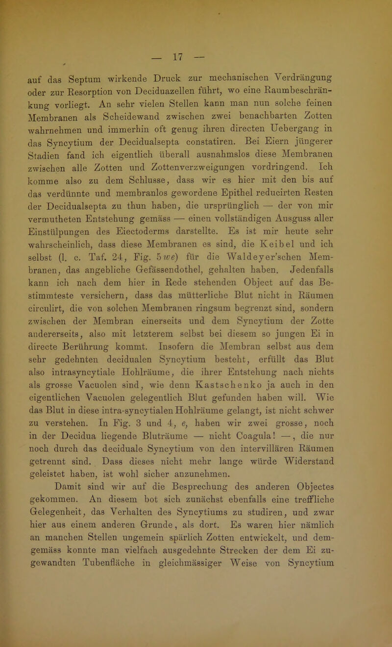 auf das Septum wirkende Druck zur mechanischen Verdrängung oder zur Resorption von Deciduazellen führt, wo eine Raumbeschrän- kung vorliegt. An sehr vielen Stellen kann man nun solche feinen Membranen als Scheidewand zwischen zwei benachbarten Zotten wahrnehmen und immerhin oft genug ihren directen Uebergang in das Syncytium der Decidualsepta constatiren. Bei Eiern jüngerer Stadien fand ich eigentlich überall ausnahmslos diese Membranen zwischen alle Zotten und Zottenverzweigungen vordringend. Ich komme also zu dem Schlüsse, dass wir es hier mit den bis auf das verdünnte und membranlos gewordene Epithel reducirten Resten der Decidualsepta zu thun haben, die ursprünglich — der von mir vermutheten Entstehung gemäss — einen vollständigen Ausguss aller Einstülpungen des Eiectoderms darstellte. Es ist mir heute sehr wahrscheinlich, dass diese Membranen es sind, die Keibel und ich selbst (1. c. Taf. 24, Fig. btoe) für die Waldeyer’schen Mem- branen, das angebliche Gefässendothel, gehalten haben. Jedenfalls kann ich nach dem hier in Rede stehenden Object auf das Be- stimmteste versichern, dass das mütterliche Blut nicht in Räumen circulirt, die von solchen Membranen ringsum begrenzt sind, sondern zwischen der Membran einerseits und dem Syncytium der Zotte andererseits, also mit letzterem selbst bei diesem so jungen Ei in directe Berührung kommt. Insofern die Membran selbst aus dem sehr gedehnten decidualen Syncytium besteht, erfüllt das Blut also intrasyncytiale Hohlräume, die ihrer Entstehung nach nichts als grosse Vacuolen sind, wie denn Kastschenko ja auch in den eigentlichen Vacuolen gelegentlich Blut gefunden haben will. Wie das Blut in diese intra-syncytialen Hohlräume gelangt, ist nicht schwer zu verstehen. In Fig. 3 und 4, e, haben wir zwei grosse, noch in der Decidua liegende Bluträume — nicht Coagula! —, die nur noch durch das deciduale Syncytium von den intervillären Räumen getrennt sind. Dass dieses nicht mehr lange würde Widerstand geleistet haben, ist wohl sicher anzunehmen. Damit sind wir auf die Besprechung des anderen Objectes gekommen. An diesem bot sich zunächst ebenfalls eine treffliche Gelegenheit, das Verhalten des Syncytiums zu studiren, und zwar hier aus einem anderen Grunde, als dort. Es waren hier nämlich an manchen Stellen ungemein spärlich Zotten entwickelt, und dem- gemäss konnte man vielfach ausgedehnte Strecken der dem Ei zu- gewandten Tubenfläche in gleichmässiger Weise von Syncytium