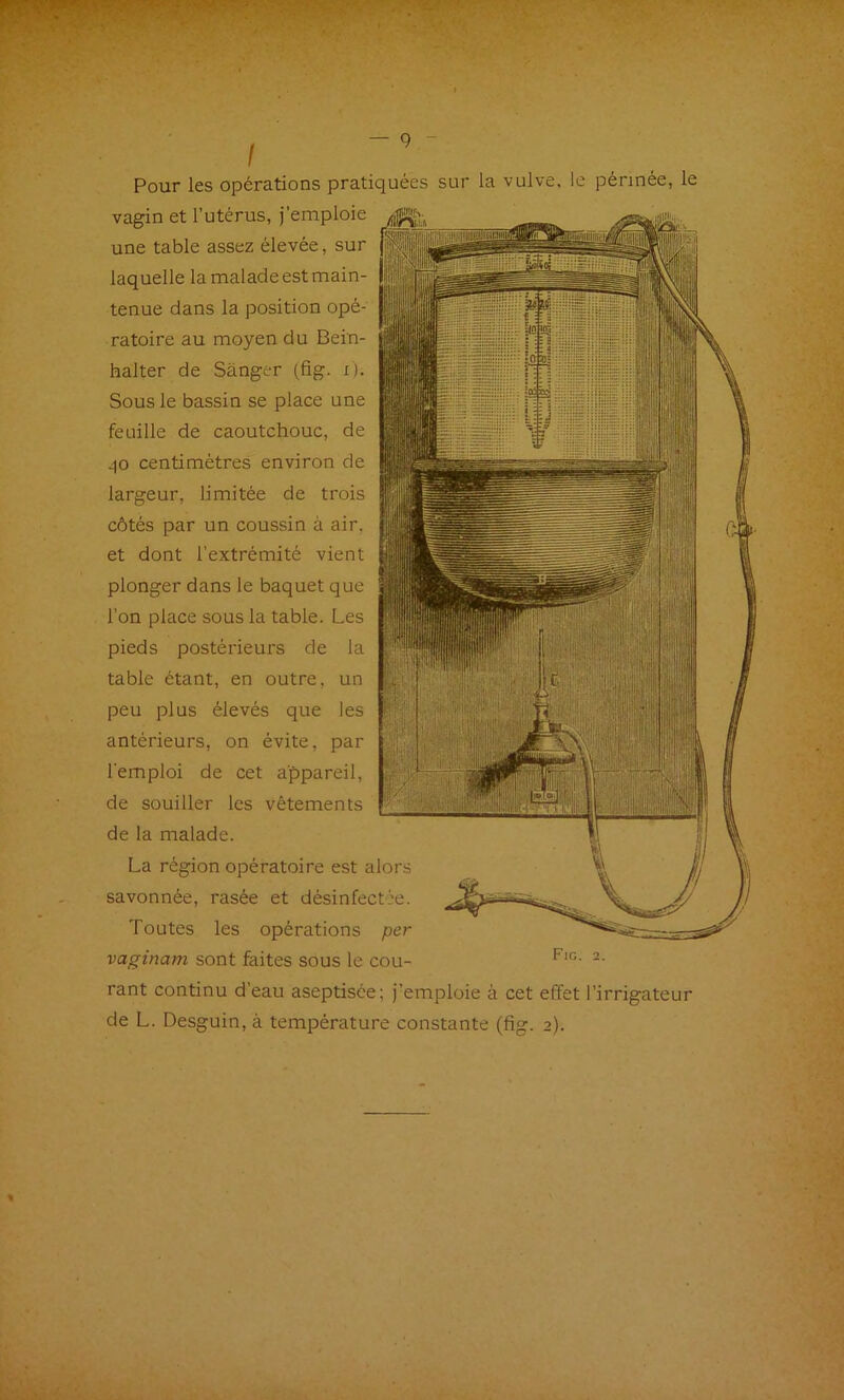 I Pour les opérations pratiquées sur la vulve, le périnée, le vagin et l’utérus, j’emploie une table assez élevée, sur laquelle la malade est main- tenue dans la position opé- ratoire au moyen du Bein- halter de Sànger (fig. x). Sous le bassin se place une feuille de caoutchouc, de ,^o centimètres environ de largeur, limitée de trois côtés par un coussin à air, et dont l’extrémité vient plonger dans le baquet que l’on place sous la table. Les pieds postérieurs de la table étant, en outre, un peu plus élevés que les antérieurs, on évite, par l'emploi de cet appareil, de souiller les vêtements de la malade. La région opératoire est alors savonnée, rasée et désinfectée. Toutes les opérations per vaginam sont faites sous le cou- rant continu d’eau aseptisée; j’emploie à cet effet l’irrigateur de L. Desguin, à température constante (fig. 2).