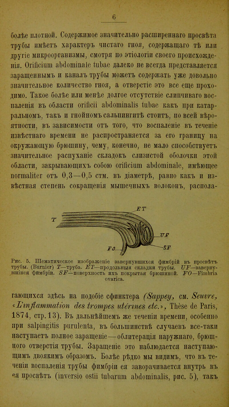 болѣе плотной. Содержимое значительно расширеннаго просвѣта трубы имѣетъ характеръ чистаго гноя, содержащаго тѣ или другіе микроорганизмы, смотря по этіологіи своего происхожде- нія. Огійсішп аініотінаіе іиЬае далеко не всегда представляется заращеннымъ и каналъ трубы можетъ содержать уже довольно значительное количество гноя, а отверстіе это все еще прохо- димо. Такое болѣе или менѣе долгое отсутствіе слипчиваго вос- паленія въ области огіГісіі аЬйотіпаІіз ІиЬае какъ при катар- ральномъ, такъ и гнойномъ сальпингитѣ стоитъ, по всей вѣро- ятности, въ зависимости отъ того, что воспаленіе въ теченіе извѣстнаго времени не распространяется за его границу на окружающую брюшину, чему, конечно, не мало способствуетъ значительное распуханіе складокъ слизистой оболочки этой области, закрывающихъ собою огШсішн аЬсІошіиаІе, имѣющее погшаіііег отъ 0,3 —0,5 стм. въ діаметрѣ, равно какъ и из- вѣстная степень сокращенія мышечныхъ волоконъ, распола- Рис. 5. Шематнческое изображеніе завернувшихся фимбрій въ просвѣтъ трубы. (Вигпіег) Т— труба. ЕТ—продольныя складки трубы. ПЕ— заверну- вшійся фимбріи. 8Е—поверхность ихъ покрытая брюшиной. ЕО—РітЬгіа оѵагіса. гающихся здѣсь на подобіе сфинктера (8арреу, см. 8еиѵге, ч-Ъ1 гп^аттаііоп сіез іготрез иіёппез еіс.-», Тііезе сіе Рагів, 1874, стр. 13). Въ дальнѣйшемъ же теченіи времени, особенно при ваІрін^Шв рнгиіепіа, въ большинствѣ случаевъ все-таки наступаетъ полное заращеніе—облитерація наружнаго, брюш- ного отверстія трубы. Заращеніе это наблюдается наступаю- щимъ двоякимъ образомъ. Болѣе рѣдко мы видимъ, что въ те- ченіи воспаленія трубы фимбріи ея заворачивается внутрь въ ея просвѣтъ (іпѵегвіо овШ ІиЬагиш аЫошіпаІів, рпс. 5), такъ