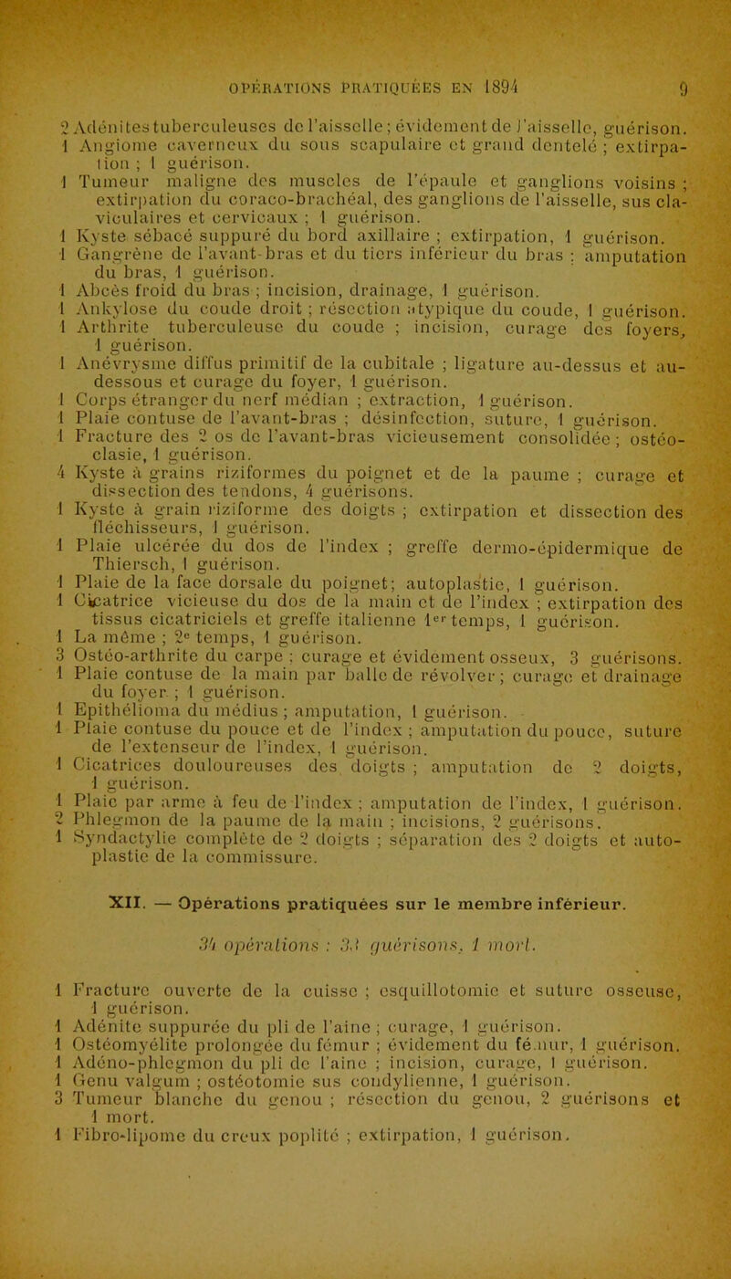 2 Adénites tuberculeuses de l’aisselle ; évidement de l'aisselle, guérison. 1 Angiome caverneux du sous scapulaire et grand dentelé ; extirpa- tion ; I guérison. 1 Tumeur maligne des muscles de l’épaule et ganglions voisins ; extirpation du coraco-brachéal, des ganglions de l’aisselle, sus cla- viculaires et cervicaux ; 1 guérison. 1 Kyste sébacé suppuré du bord axillaire ; extirpation, I guérison. 1 Gangrène de l’avant-bras et du tiers inférieur du bras ; amputation du bras, I guérison. 1 Abcès froid du bras ; incision, drainage, 1 guérison. 1 Ankylosé du coude droit; résection atypique du coude, I guérison. 1 Arthrite tuberculeuse du coude ; incision, curage des foyers, 1 guérison. 1 Anévrysme diffus primitif de la cubitale ; ligature au-dessus et au- dessous et curage du foyer, 1 guérison. 1 Corps étranger du nerf médian ; extraction, 1 guérison. 1 Plaie contuse de l’avant-bras ; désinfection, suture, 1 guérison. 1 Fracture des 2 os de l’avant-bras vicieusement consolidée; ostéo- clasie, 1 guérison. 4 Kyste à grains riziformes du poignet et de la paume ; curage et dissection des tendons, 4 guérisons. 1 Kyste à grain riziforme des doigts ; extirpation et dissection des fléchisseurs, I guérison. 1 Plaie ulcérée du dos de l’index ; greffe dermo-épidermique de Thiersch, I guérison. 1 Plaie de la face dorsale du poignet; autoplastie, I guérison. 1 Cicatrice vicieuse du dos de la main et de l’index ; extirpation des tissus cicatriciels et greffe italienne 1er temps, 1 guérison. 1 La môme ; 2e temps, 1 guérison. 3 Ostéo-arthrite du carpe ; curage et évidement osseux, 3 guérisons. 1 Plaie contuse de la main par balle de revolver; curage et drainage du foyer ; 1 guérison. 1 Epithélioma du médius ; amputation, 1 guérison. 1 Plaie contuse du pouce et de l’index ; amputation du pouce, suture de l’extenseur de l’index, l guérison. 1 Cicatrices douloureuses des doigts ; amputation de 2 doigts, I guérison. 1 Plaie par arme à feu de l'index ; amputation de l’index, 1 guérison. 2 Phlegmon de la paume de la main ; incisions, 2 guérisons. 1 Syndactylie complète de 2 doigts ; séparation des 2 doigts et auto- plastie de la commissure. XII. — Opérations pratiquées sur le membre inférieur. 34 opérations : 33 guérisons, 1 mort. 1 Fracture ouverte de la cuisse ; csquillotomie et suture osseuse, 1 guérison. 1 Adénite suppurée du pli de l’aine; curage, 1 guérison. 1 Ostéomyélite prolongée du fémur ; évidement du fémur, 1 guérison. 1 Adéno-phlegmon du pli de l’aine ; incision, curage, i guérison. 1 Genu valgum ; ostéotomie sus coudylienne, 1 guérison. 3 Tumeur blanche du genou ; résection du genou, 2 guérisons et 1 mort. 1 Fibro-lipome du creux poplité ; extirpation, I guérison.