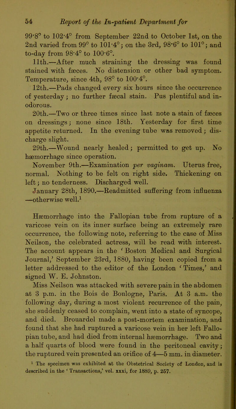 99‘8° to 102'4° from September 22nd to October let, on the 2nd varied from 99° to 101 ‘4°; on the 3rd, 98*6° to 101°; and to-day from 98‘4° to 100‘6°. 11th.—After much straining the dressing was found stained with faaces. No distension or other bad symptom. Temperature, since 4th, 98° to 100‘4°. 12th.—Pads changed every six hours since the occurrence of yesterday; no further fascal stain. Pus plentiful and in- odorous. 20th.—Two or three times since last note a stain of faeces on dressings; none since 18th. Yesterday for first time appetite returned. In the evening tube was removed; dis- charge slight. 29th.—Wound nearly healed; permitted to get up. No haemorrhage since operation. November 9th.—Examination per vaginam. Uterus free, normal. Nothing to be felt on right side. Thickening on left; no tenderness. Discharged well. January 28th, 1890.—Readmitted suffering from influenza —otherwise well.1 Haemorrhage into the Fallopian tube from rupture of a varicose vein on its inner surface being an extremely rare occurrence, the following note, referring to the case of Miss Neilson, the celebrated actress, will be read with interest. The account appears in the ‘ Boston Medical and Surgical Journal,’ September 23rd, 1880, having been copied from a letter addressed to the editor of the London ‘ Times,’ and signed W. E. Johnston. Miss Neilson was attacked with severe pain in the abdomen at 3 p.m. in the Bois de Boulogne, Paris. At 3 a.m. the following day, during a most violent recurrence of the pain, she suddenly ceased to complain, went into a state of syncope, and died. Brouardel made a post-mortem examination, and found that she had ruptured a varicose vein in her left Fallo- pian tube, and had died from internal haemorrhage. Two and a half quarts of blood were found in the peritoneal cavity; the ruptured vein presented an orifice of 4—5 mm. in diameter. 1 The specimen was exhibited at the Obstetrical Society of London, and is described in the ‘ Transactions,’ vol. xxxi, for 1889, p. 257.