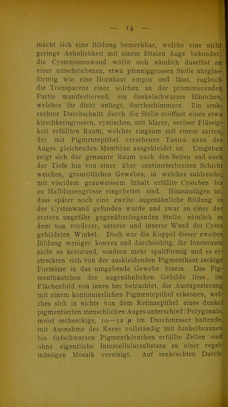 macht sich eine Bildung bemerkbar, welche eine nicht geringe Aehnlichkeit mit einem fötalen Auge bekundet; die Cysteninnenwand wölbt sich nämlich daselbst an einer umschriebenen, etwa pfenniggrossen Stelle uhrglas- förmig wie eine Hornhaut empor und lässt, zugleich die Transparenz einer solchen an der prominierenden Partie manifestierend, ein dunkelschwarzes Häutchen, welches ihr dicht anliegt, durchschimmern. Ein senk- rechter Durchschnitt durch die Stelle eröffnet einen etwa kirschkerngrossen, cystischen, mit klarer, seröser Flüssig- keit erfüllten Raum, welcher ringsum mit einem zarten, der mit Pigmentepithel versehenen Tunica uvea des Auges gleichenden Membran ausgekleidet ist. Umgeben zeigt sich der genannte Raum nach den Seiten und nach der Tiefe hin von einer über centimeterbreiten Schicht weichen, graurötlichen Gewebes, in welches zahlreiche, mit viscidem grauweissem Inhalt erfüllte Cystchen bis zu Halblinsengrösse eingebettet sind. Hinzuzufügen ist, dass später noch eine zweite augenähnliche Bildung in der Cystenwand gefunden wurde und zwar an einer der erstem ungefähr gegenüberliegenden Stelle, nämlich in dem von vorderer, unterer und innerer Wand der Cyste gebildeten Winkel. Doch war die Kuppel dieser zweiten Bildung weniger konvex und durchsichtig, ihr Innenraum nicht so kreisrund, sondern mehr spaltförmig und es er- streckten sich von der auskleidenden Pigmenthaut zackige Fortsätze in das umgebende Gewebe hinein. Das Pig- menthäutchen der augenähnlichen Gebilde liess, im Flächenbild von innen her betrachtet, die Austapezierung mit einem kontinuierlichen Pigmentepithel erkennen, wel- ches sich in nichts von dem Retinaepithel eines dunkel pigmentierten menschlichen Auges unterschied : Polygonale, meist sechseckige, 10—12 im Durchmesser haltende, mit Ausnahme des Kerns vollständig mit dunkelbraunen bis tiefschwarzen Pigmentkörnchen erfüllte Zellen sind ohne eigentliche Intercellularsubstanz zu einer regel- mässigen Mosaik vereinigt. Auf senkrechten Durch-