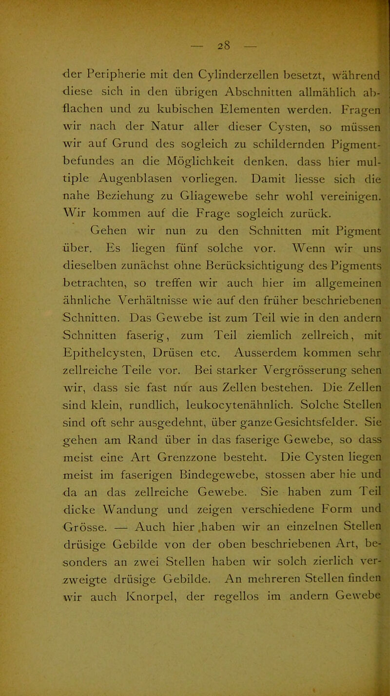 der Peripherie mit den Cylinderzellen besetzt, während diese sich in den übrigen Abschnitten allmählich ab- flachen und zu kubischen Elementen werden. Fragen wir nach der Natur aller dieser Cysten, so müssen wir auf Grund des sogleich zu schildernden Pigment- befundes an die Möglichkeit denken, dass hier mul- tiple Augenblasen vorliegen. Damit Hesse sich die nahe Beziehung zu Gliagewebe sehr wohl vereinigen. Wir kommen auf die Frage sogleich zurück. Gehen wir nun zu den Schnitten mit Pigment über. Es liegen fünf solche vor. Wenn wir uns dieselben zunächst ohne Berücksichtigung des Pigments betrachten, so treffen wir auch hier im allgemeinen ähnliche Verhältnisse wie auf den früher beschriebenen Schnitten. Das Gewebe ist zum Teil wie in den andern Schnitten faserig, zum Teil ziemlich zellreich, mit Epithelcysten, Drüsen etc. Ausserdem kommen sehr zellreiche Teile vor. Bei starker Vergrösserung sehen wir, dass sie fast nur aus Zellen bestehen. Die Zellen sind klein, rundlich, leukocytenähnlich. Solche Stellen sind oft sehr ausgedehnt, über ganze Gesichtsfelder. Sie gehen am Rand über in das faserige Gewebe, so dass meist eine Art Grenzzone besteht. Die Cysten liegen meist im faserigen Bindegewebe, stossen aber lue und da an das zellreiche Gewebe. Sie haben zum Teil dicke Wandung und zeigen verschiedene Form und Grösse. — Auch hier .haben wir an einzelnen Stellen drüsige Gebilde von der oben beschriebenen Art, be- sonders an zwei Stellen haben wir solch zierlich ver- zweigte drüsige Gebilde. An mehreren Stellen finden wir auch Knorpel, der regellos im andern Gewebe