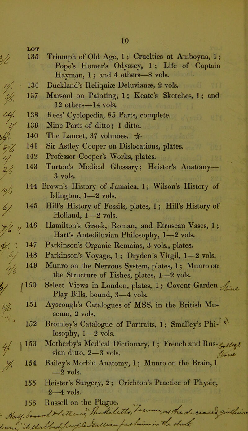 LOT 135 10 136 137 138 139 140 141 142 143 Triumph of Old Age, 1 ; Cruelties at Amboyna, 1; Pope’s Homer’s Odyssey, 1 ; Life of Captain Hayman, 1 ; and 4 others—8 vols. Buckland’s Reliquiae Deluvianae, 2 vols. Marsoul on Painting, 1; Keate’s Sketches, 1; and 12 others—14 vols. Rees’ Cyclopedia, 85 Parts, complete. Nine Parts of ditto; 1 ditto. The Lancet, 37 volumes. -jf- Sir Astley Cooper on Dislocations, plates. Professor Cooper’s Works, plates. Turton’s Medical Glossary; Heister’s Anatomy— 3 vols. 144 Brown’s History of Jamaica, 1; Wilson’s History of Islington, 1—2 vols. 145 Hill’s History of Fossils, plates, 1; Hill’s History of Holland, 1—2 vols. ^ ?146 # T H7 £/ 148 149 i/ ! ' 152 y i133 y, 1«4 Hamilton’s Greek, Roman, and Etruscan Vases, 1; Hart’s Antediluvian Philosophy, 1—2 vols. Parkinson’s Organic Remains, 3 vols., plates. Parkinson’s Voyage, 1; Dryden’s Virgil, 1—2 vols. Munro on the Nervous System, plates, 1; Munro on the Structure of Fishes, plates, 1—2 vols. Select Views in London, plates, 1; Covent Garden Play Bills, bound, 3—4 vols. Ayscough’s Catalogues of MSS. in the British Mu- seum, 2 vols. Bromley’s Catalogue of Portraits, 1; Smalley’s Phi- '' losophy, 1—2 vols. Motherby’s Medical Dictionary, 1; French and Rus-^^^ sian ditto, 2—3 vols. /fa** Bailey’s Morbid Anatomy, 1; Munro on the Brain, 1 —2 vols. 155 Heister’s Surgery, 2; Crichton’s Practice of Physic, 2—4 vols. 156 Russell on the Plague. , {y<W ‘