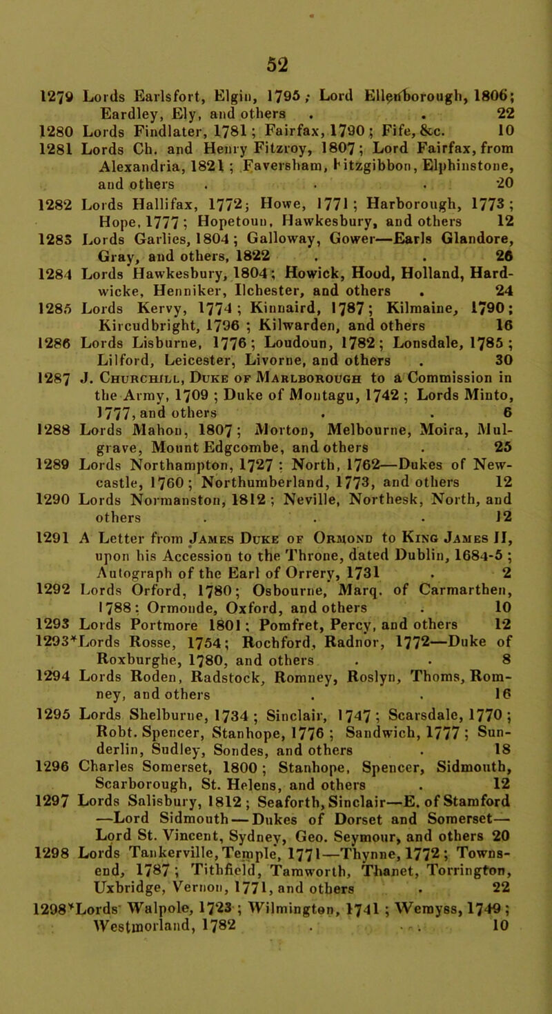 1270 Lords Earlsfort, Elgin, 1795; Lord Ellenborough, 1806; Eardley, Ely, and others . . 22 1280 Lords Findlater, 1781; Fairfax, 1790 ; Fife, &c. 10 1281 Lords Ch. and Henry Fitzroy, 1807; Lord Fairfax, from Alexandria, 1821 ; Faversham, hitzgibbon, Elphinstone, and others . . .20 1282 Lords Hallifax, 1772; Howe, 1771; Harborough, 1773; Hope, 1777 ; Hopetouu, Hawkesbury, and others 12 1285 Lords Garlics, 1804; Galloway, Gower—Earls Glandore, Gray, and others, 1822 . . 26 1284 Lords Hawkesbury, 1804; Howick, Hood, Holland, Hard- wicke, Henniker, Ilchester, and others . 24 1285 Lords Kervy, 1774; Kinnaird, 1787; Kilmaine, 1/90; Kircudbright, 1796 ; Kilwarden, and others 16 1286 Lords Lisburne, 1770; Loudoun, 1782; Lonsdale, 1785 ; Li I ford, Leicester, Livorne, and others . 30 1287 «L Churchill, Duke of Marlborough to a Commission in the Army, 1709 ; Duke of Montagu, 1742 ; Lords Minto, 1777) and others . . 6 1288 Lords Mahon, 1807; Morton, Melbourne, Moira, Mul- grave, Mount Edgcombe, and others . 25 1289 Lords Northampton, 1727 ; North, 1762—Dukes of New- castle, 1760; Northumberland, 1773, and others 12 1290 Lords Normanston, 1812 ; Neville, Northesk, North, and others . . .12 1291 A Letter from James Duke of Ormond to King James II, upon his Accession to the Throne, dated Dublin, 1684-5 ; Autograph of the Earl of Orrery, 1731 . 2 1292 Lords Orford, 1780; Osbourne, Marq. of Carmarthen, 1788: Ormonde, Oxford, and others . 10 1293 Lords Portmore 1801; Pomfret, Percy, and others 12 1293*Lords Rosse, 1754; Rochford, Radnor, 1772—Duke of Roxburghe, 1780, and others . . 8 1294 Lords Roden, Radstock, Romney, Roslyn, Thoms, Rom- ney, and others . . 16 1295 Lords Shelburne, 1734 ; Sinclair, 1747; Scarsdale, 1770 ; Robt. Spencer, Stanhope, 1776 ; Sandwich, 1777 ; Sun- derlin, Sudley, Sondes, and others . 18 1296 Charles Somerset, 1800; Stanhope, Spencer, Sidmouth, Scarborough, St. Helens, and others . 12 1297 Lords Salisbury, 1812; Seaforth, Sinclair—E. of Stamford —Lord Sidmouth — Dukes of Dorset and Somerset- Lord St. Vincent, Sydney, Geo. Seymour, and others 20 1298 Lords Tankerville, Temple, I77I—Thynne, 1772 ; Towns- end, 1787; Titlifield, Tamworth, Thanet, Torrington, Uxbridge, Vernon, 1771, and others . 22 1298*Lords‘ Walpole, 1723 ; Wilmington, I74I ; Werayss, 1749; Westmorland, 1782 . 10