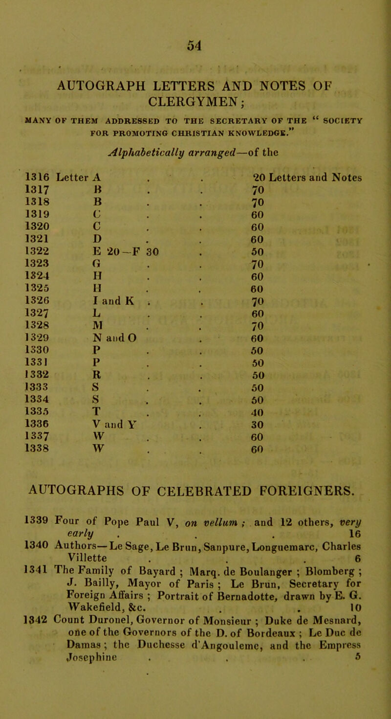 51 AUTOGRAPH LETTERS AND NOTES OF CLERGYMEN; MANY OF THEM ADDRESSED TO THE SECRETARY OF THE “ SOCIETY FOR PROMOTING CHRISTIAN KNOWLEDGE.” Alphabetically arranged—of the 1316 Letter A 20 Letters and Notes 1317 B 70 1318 B 70 1319 C 60 1320 c 60 1321 D 60 1322 E 20—F 30 50 1323 G 70 1324 H 60 1325 H 60 1326 I and K ■. 70 1327 L 60 1328 M 70 1329 N and 0 60 1330 P 50 133! P 50 1332 R 50 1333 S 50 1334 s 60 1335 T 40 1336 V and Y 30 1337 W 60 1338 w 60 AUTOGRAPHS OF CELEBRATED FOREIGNERS. 1339 Four of Pope Paul V, on vellum ; and 12 others, very early ... 16 1340 Authors—Le Sage, Le Brun, San pure, Longuemarc, Charles Villette . . .6 1341 The Family of Bayard ; Marq. de Boulanger ; Blomberg ; J. Bailly, Mayor of Paris ; Le Brun, Secretary for Foreign Aflairs ; Portrait of Bernadotte, drawn by E. G. Wakefield, &c. . .10 1342 Count Duronel, Governor of Monsieur ; Duke de Mesnard, one of the Governors of the D. of Bordeaux ; Le Due de Damas ; the Duchesse d'Angoulemc, and the Empress Josephine . . .5