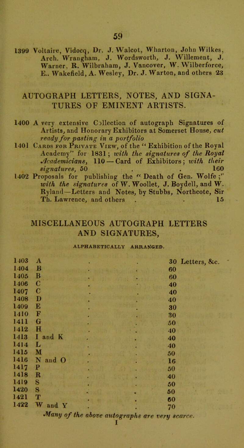 1399 Voltaire, Vidocq, Dr. J. Walcot, Wharton, John Wilkes, Arch. Wrangham, J. Wordsworth, J. YVillement, J. Warner, R. Wilbraham, J. Vancover, W. Wilberforce, E.. Wakefield, A. Wesley, Dr. J. Warton, and others 23 AUTOGRAPH LETTERS, NOTES, AND SIGNA- TURES OF EMINENT ARTISTS. 1400 A very extensive Csllection of autograph Signatures of Artists, and Honorary Exhibitors at Somerset House, cut ready for pasting in a portfolio 1401 Cards for Private View, of the “ Exhibition of the Royal Academy” for 1831; with the signatures of the Royal Academicians, 110 — Card of Exhibitors; with their signatures, 50 . . 160 1402 Proposals for publishing the “ Death of Gen. Wolfe with the signatures of W. Woollet, J. Boydell, and W. Ryland—Letters and Notes, by Stubbs, Northcote, Sir Th. Lawrence, and others . . 15 MISCELLANEOUS AUTOGRAPH LETTERS AND SIGNATURES, alphabetically arranged. 1403 A 30 Letters, &c 1404 B 60 1405 B 60 1406 C 40 1407 C 40 1408 D 40 1409 E 30 1410 F 30 1411 G 50 1412 H 40 1413 I and K 40 1414 L 40 1415 M 50 1416 N and 0 16 1417 P 50 1418 R 40 1419 S 50 1420 S 50 1421 T 60 1422 W and Y •Many of the above autographs 70 are very scarce.