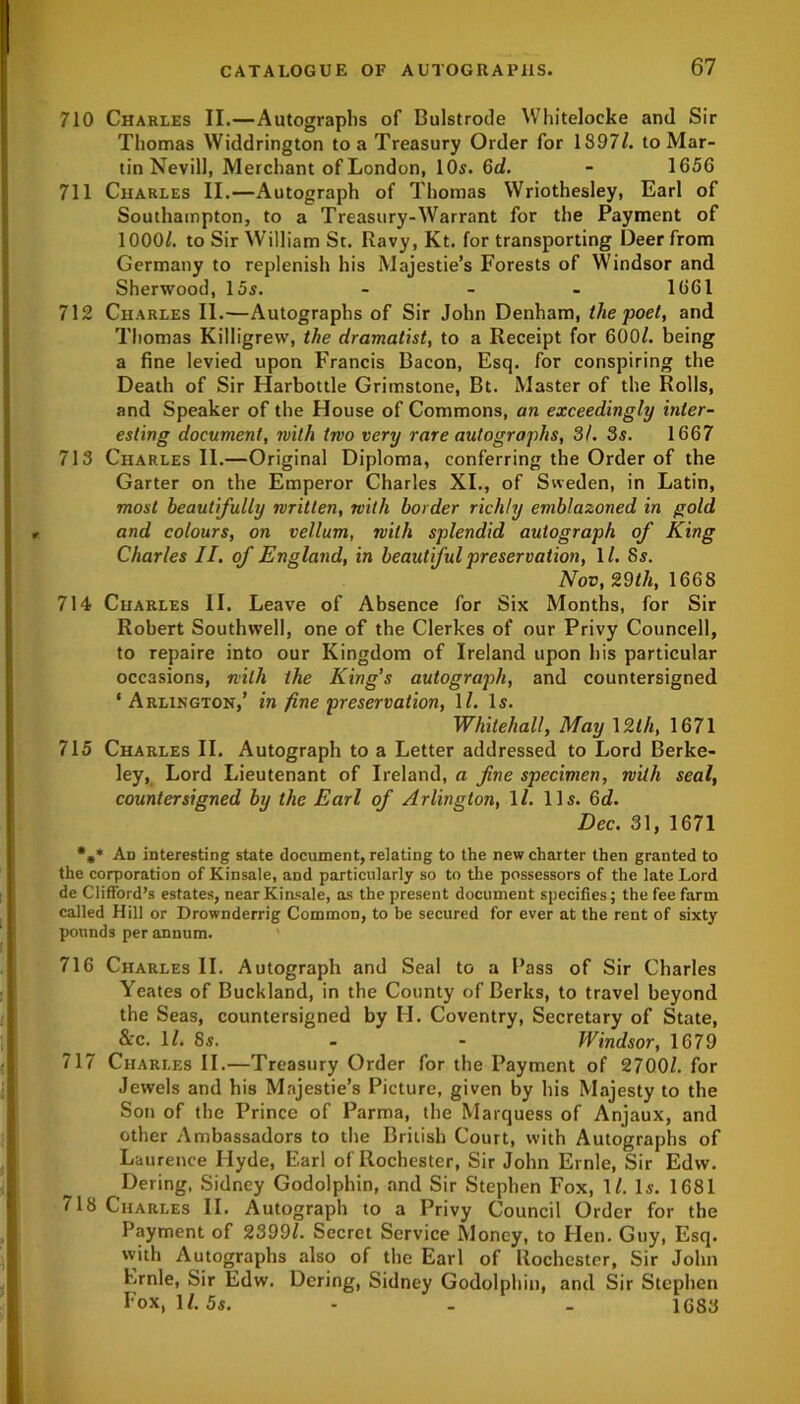 710 Charles II.—Autographs of Bulstrode Whitelocke and Sir Thomas Widdrington to a Treasury Order for 1897/. to Mar- tin Nevill, Merchant of London, 10s. 6d. - 1656 711 Charles II.—Autograph of Thomas Wriothesley, Earl of Southampton, to a Treasury-Warrant for the Payment of 1000/. to Sir William St. Ravy, Kt. for transporting Deer from Germany to replenish his Majestie’s Forests of Windsor and Sherwood, 15s. ... 1661 712 Charles II.—Autographs of Sir John Denham, the poet, and Thomas Killigrew, the dramatist, to a Receipt for 600/. being a fine levied upon Francis Bacon, Esq. for conspiring the Death of Sir Harbottle Grimstone, Bt. Master of the Rolls, and Speaker of the House of Commons, an exceedingly inter- esting document, with two very rare autographs, 31. 3s. 1667 713 Charles 11.—Original Diploma, conferring the Order of the Garter on the Emperor Charles XI., of Sweden, in Latin, most beautifully written, with border richly emblazoned in gold and colours, on vellum, with splendid autograph of King Charles II. of England, in beautiful preservation, 1 /. Ss. Nov, 29th, 1668 714 Charles II. Leave of Absence for Six Months, for Sir Robert Southwell, one of the Clerkes of our Privy Councell, to repaire into our Kingdom of Ireland upon his particular occasions, with the King’s autograph, and countersigned ' Arlington,’ in fine preservation, 1/. Is. Whitehall, May 12th, 1671 715 Charles II. Autograph to a Letter addressed to Lord Berke- ley, Lord Lieutenant of Ireland, a fine specimen, with seal, countersigned by the Earl of Arlington, 1/. 11s. Gd. Dec. 31, 1671 %* Ad interesting state document, relating to the new charter then granted to the corporation of Kinsale, and particularly so to the possessors of the late Lord de Clifford’s estates, near Kinsale, as the present document specifies; the fee farm called Hill or Drownderrig Common, to be secured for ever at the rent of sixty pounds per annum. 716 Charles II. Autograph and Seal to a Pass of Sir Charles Yeates of Buckland, in the County of Berks, to travel beyond the Seas, countersigned by H. Coventry, Secretary of State, &c. 1/. 8s. - - Windsor, 1679 717 Charles II.—Treasury Order for the Payment of 2700/. for Jewels and his Majestie’s Picture, given by his Majesty to the Son of the Prince of Parma, the Marquess of Anjaux, and other Ambassadors to the British Court, with Autographs of Laurence Hyde, Earl of Rochester, Sir John Ernie, Sir Edw. Dering, Sidney Godolphin, and Sir Stephen Fox, 1/. Is. 1681 718 Charles II. Autograph to a Privy Council Order for the Payment of 2399/. Secret Service Money, to Hen. Guy, Esq. with Autographs also of the Earl of Rochester, Sir John Ernie, Sir Edw. Dering, Sidney Godolphin, and Sir Stephen Fox, 1/. 5s. - - _ 1683