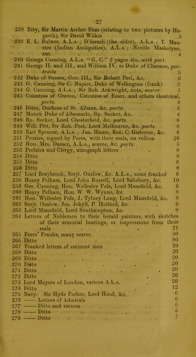 233 Etty, Sir Martin Archer Shee (relating to two pictures by Ho- garth), Sir David Wilkie . 3 239 E. L. Bulwer, A.L.s.; D’Israeli (the elder), A.L.s.; T. Mau- rice (Indian Antiquities), A.L.s.; Neville Maskelyne, aut. . . 4 240 George Canning, A.L.s. “ G. C.” 2 pages 4to. with port. 241 George II. and III., and William IV. as Duke of Clarence, por- traits . . 5 242 Duke of Sussex, Geo. ILL, Sir Robert Peel, &c. 6 243 G. Canning, Sir C. Napier, Duke of Wellington (frank) 3 244 G. Canning, A.L.s.; Sir Rob. Arkwright, note, scarce 3 245 Countess of Craven, Countess of Essex, and others theatrical, ports. . . 8 246 Ditto, Duchess of St. Albans, &c. ports. . 6 24/ Monck Duke of Albemarle, Bp. Seeker, &c. . 4 248 Bp. Seeker, Lord Chesterfield, See. ports. . 8 249 Will. Pitt, Sir Rob. Peel, Lord Melbourne, &c. ports. 8 250 Earl Spencer, A.L.s. ; Jos. Hume, Rev. C. Gisborne, &c. 6 251 Proxies, signed by Peers, with their seals, on vellum 26 252 Hon. Mrs. Damer, A.L.s., scarce, &c. ports. 5 253 Prelates and Clergy, autograph letters . 8 254 Ditto . . 8 255 Ditto . . . 8 256 Ditto . . 8 257 Lord Braybrook, Serjt. Onslow, &c. A.L.s., some franked 6 258 Henry Pelham, Lord John Russell, Lord Salisbury, &c. 10 259 Geo. Canning, Hon. Wellesley Pole, Lord Mansfield, &c. 6 260 Henry Pelham, Hon. W. W. Wynne, &c. . 8 261 Hon. Wellesley Pole, J. Tylney Long, Lord Mansfield, &c. 8 262 Serjt. Onslow, Jos. Jekyll, P. Holford, &c. . 6 263 Lord Mansfield, Lord Southampton, &c. . 8 264 Letters of Noblemen to their herald painters, with sketches of their armorial bearings, or impressions from their seals . . 21 265 Peers’ Franks, many scarce . 50 266 Ditto . / .80 267 Franked letters of eminent men . 20 268 Ditto . . .20 269 Ditto . . .20 270 Ditto . . . 20 271 Ditto . . .20 272 Ditto . . 20 273 Lord Mayors of London, various A.L.s. . 20 274 Ditto . .12 275 Navy. Sir Hyde Parker, Lord Hood, &c. 276 Letters of Admirals . 5 277 Ditto and various . . 5 278 Ditto . . .6 279 Ditto . . .. 7