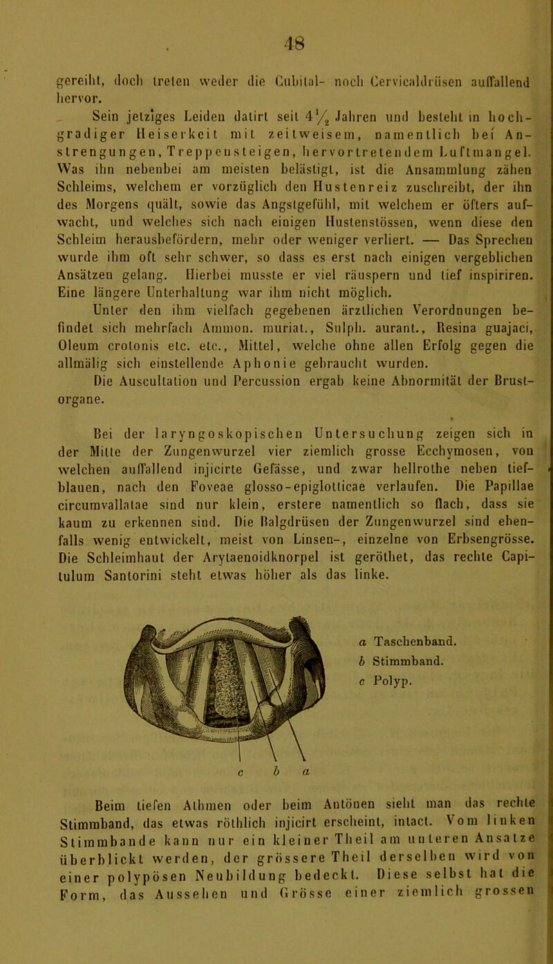 gereiht, doch treten weder die Cubilal- noch Cervicaldriisen auffallend hervor. Sein jetziges Leiden datirt seil 4‘/2 Jahren und besieht in hoch- gradiger Heiserkeit mit zeilweisem, namentlich hei An- strengungen, Treppensteigen, hervortretendem Luftmange 1. Was ihn nebenbei am meisten belästigt, ist die Ansammlung zähen Schleims, welchem er vorzüglich den Hustenreiz zuschreibt, der ihn des Morgens quält, sowie das Angstgefühl, mit welchem er öfters auf- wacht, und welches sich nach einigen Hustenstössen, wenn diese den Schleim herausbefördern, mehr oder weniger verliert. — Das Sprechen wurde ihm oft sehr schwer, so dass es erst nach einigen vergeblichen Ansätzen gelang. Hierbei musste er viel räuspern und tief inspiriren. Eine längere Unterhaltung war ihm nicht möglich. Unter den ihm vielfach gegebenen ärztlichen Verordnungen be- findet sich mehrfach Ammon, rauriat., Sulph. aurant., Resina guajaci, Oleum crolonis etc. etc., Mittel, welche ohne allen Erfolg gegen die allmälig sich einstellende Aphonie gebraucht wurden. Die Auscultation und Percussion ergab keine Abnormität der Brust- organe. » Bei der laryngoskopischen Untersuchung zeigen sich in der Milte der Zungenwurzel vier ziemlich grosse Ecchymosen, von welchen auffallend injicirte Gefässe, und zwar hellrolhe neben tief- blauen, nach den Foveae glosso-epiglotticae verlaufen. Die Papillae circumvallalae sind nur klein, erstere namentlich so flach, dass sie kaum zu erkennen sind. Die Balgdrüsen der Zungenwurzel sind eben- falls wenig entwickelt, meist von Linsen-, einzelne von Erbsengrösse. Die Schleimhaut der Arylaenoidknorpel ist geröthet, das rechte Capi— lulum Santorini steht etwas höher als das linke. a Taschenband. b Stimmband, e Polyp. c b a Beim liefen Alhmen oder beim Antönen siebt man das rechte Stimraband, das etwas rölhlich injicirt erscheint, inlact. Vom linken Stimmbande kann nur ein kleiner Thei 1 am unteren Ansätze überblickt werden, der grössere T h ei 1 derselben wird von einer polypösen Neubildung bedeckt. Diese selbst bat die Form, das Aussehen und Grösse einer ziemlich grossen