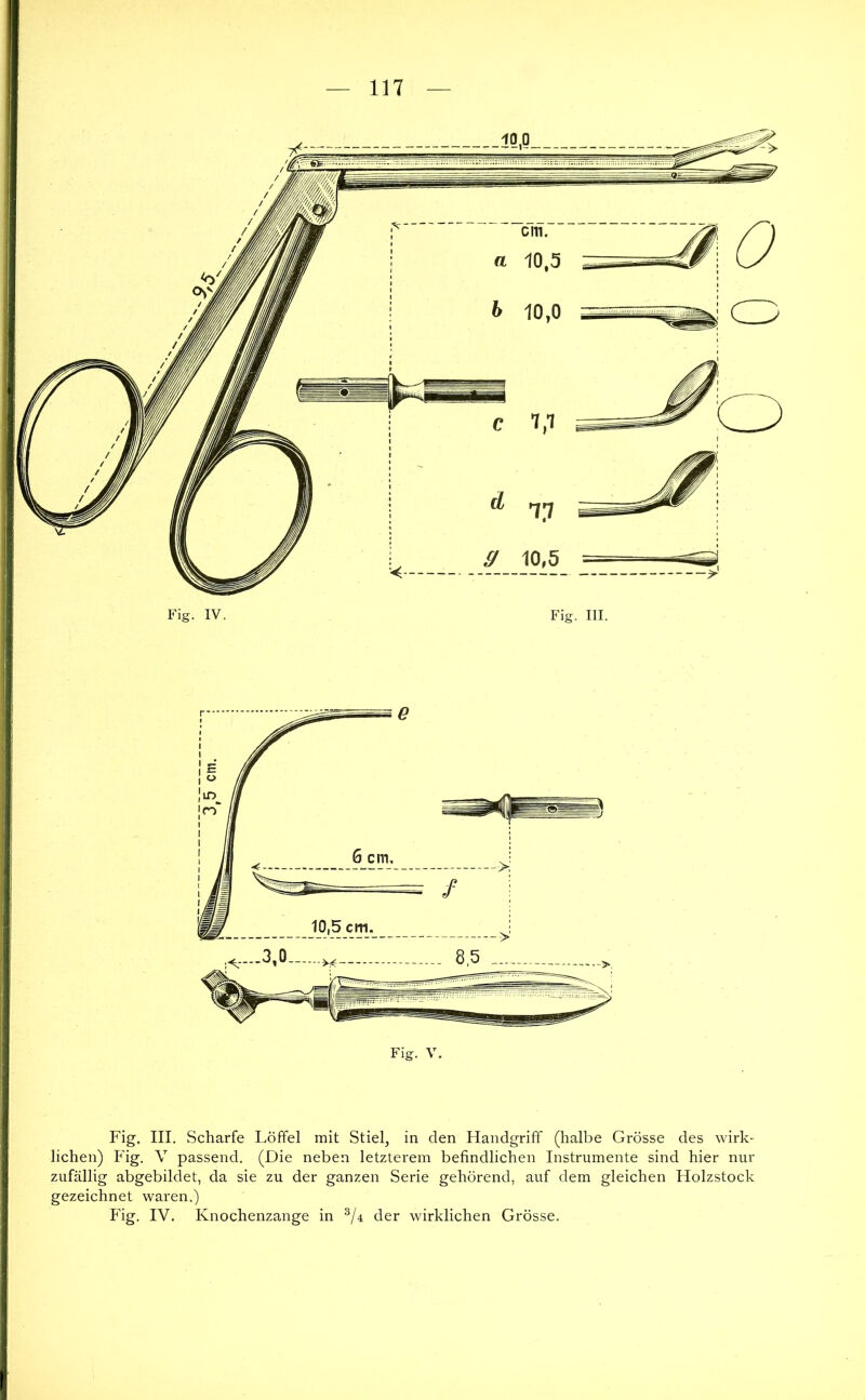 Fig. IV. Fig. III. Fig. III, Scharfe Löffel mit Stiel, in den Handgriff (halbe Grösse des wirk- lichen) Fig. V passend. (Die neben letzterem befindlichen Instrumente sind hier nur zufällig abgebildet, da sie zu der ganzen Serie gehörend, auf dem gleichen Holzstock gezeichnet waren.) Fig. IV. Knochenzange in der wirklichen Grösse.