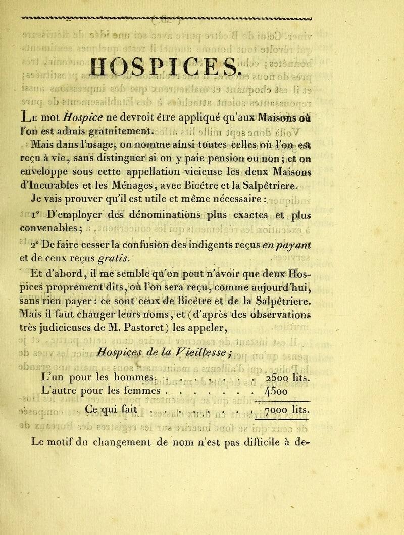 HOSPICES. -, :qir,i c»j r-ep .. Ja j; Giîpoif» 3kj II Je Le mot Hospice ne devroit être appliqué qu’aux Maisons où l’on est admis gratuitement. , h j;i .1 .jroa onob j?lù>Y Mais dans l’usage, on nomme ainsi toutes celles où l’on e3t reçu à vie, sans distinguer; si on y paie pension ou non ; .et on enveloppe sous cette appellation vicieuse les deux Maisons d’incurables et les Ménages, avec Bicêtre et la Salpêtrière. Je vais prouver qu’il est utile et même nécessaire : i° D’employer des dénominations plus exactes et plus convenables; a0 De faire cesser la confusion des indigents reçus en payant et de ceux reçus gratis. Et d’abord, il me semble qu’on peut n’avoir que deux Hos- pices proprement dits, où ion sera reçu, comme aujourd’hui, sans rien payer : ce sont ceux de Bicêtre et de la Salpêtrière. Mais il faut changer leurs noms, et (d’après des observations très judicieuses de M. Pastoret) les appeler, Hospices de la Vieillesse ; L’un pour les hommes. . . . , . . . 25oo lits. L’autre pour les femmes 4^°° Ce qui fait . . . ... .... 7000 lits. Le motif du changement de nom n’est pas difficile à de-