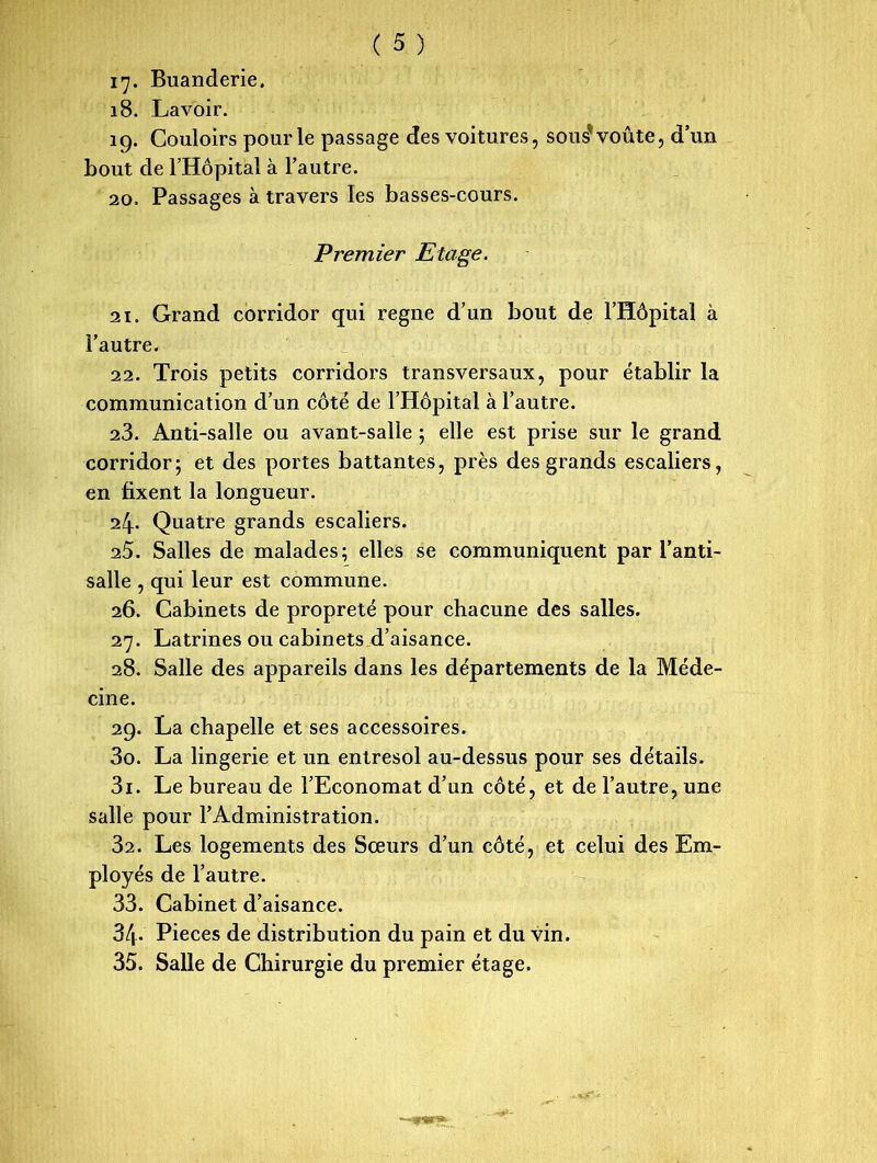 17. Buanderie. 18. Lavoir. 19. Couloirs pour le passage des voitures, sous1 voûte, d’un bout de l’Hôpital à l’autre. 20. Passages à travers les basses-cours. Premier Etage. 21. Grand corridor qui régné d’un bout de l’Hôpital à l’autre. 22. Trois petits corridors transversaux, pour établir la communication d’un côté de l’Hôpital à l’autre. 23. Anti-salle ou avant-salle ; elle est prise sur le grand corridor; et des portes battantes, près des grands escaliers, en fixent la longueur. 24. Quatre grands escaliers. 25. Salles de malades; elles se communiquent par l’anti- salle , qui leur est commune. 26. Cabinets de propreté pour chacune des salles. 27. Latrines ou cabinets d’aisance. 28. Salle des appareils dans les départements de la Méde- cine. 29. La chapelle et ses accessoires. 30. La lingerie et un entresol au-dessus pour ses détails. 31. Le bureau de l’Economat d’un côté, et de l’autre, une salle pour l’Administration. 32. Les logements des Sœurs d’un côté, et celui des Em- ployés de l’autre. 33. Cabinet d’aisance. 34- Pièces de distribution du pain et du vin. 35. Salle de Chirurgie du premier étage.