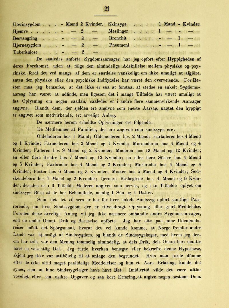 Uterinsygdom . Hjemve . . . Besvangring Hjernesygdom . Tuberkulose - Mænd 2 Kvinder. - — 2 — _ — 2 — _ — 2 — - — 2 — Skinsyge Meslinger Bronchit Pneumoni 1 Mand - Kvinder. - - 1 — - — 1 — De saaledes anforte Sygdomsaarsager har jeg opfort efter Hyppigheden af deres Forekomst, uden at folge den almindelige Adskillelse mellem physiske og psy- chiske, fordi det ved mange af dem er særdeles vanskeligt om ikke umuligt at afgjore, enten den physiske eller den psychiske Indflydelse har været den overveiende. For Re- sten maa jeg bemærke, at det ikke er saa at forstaa, at stedse en enkelt Sygdoms- aarsag har været at udfinde, men ligesom det i mange Tilfælde har været umuligt at faa Oplysning om nogen saadan, saaledes er i andre flere sammenvirkende Aarsager angivne. Blandt dem, der sjelden ere angivne som eneste Aarsag, uagtet den hyppigt er angivet som medvirkende, er: arveligt Anlæg. De nærmere herom erholdte Oplysninger ere folgende: De Medlemmer af Familien, der ere angivne som sindssyge ere: Oldefaderen hos 1 Mand; Oldemoderen hos 2 Mænd; P1 arfaderen hos 4 Mænd og 1 Kvinde; P1 armoderen hos 2 Mænd og 1 Kvinde; Mormoderen hos 4 Mænd og 4 Kvinder; Faderen hos 9 Mænd og 2 Kvinder; Moderen hos 13 Mænd og 12 Kvinder; en eller flere Brodre hos 7 Mænd og 12 Kvinder; en eller flere Sostre hos 4 Mænd og 5 Kvinder; P'arbroder hos 4 Mænd og 2 Kvinder; Morbroder hos 4 Mænd og 4 Kvinder; P'aster hos 6 Mænd og 3 Kvinder; Moster hos 5 Mænd og 4 Kvinder; Sod- skendeborn hos 7 Mænd og 2 Kvinder; ijernere Beslægtede hos 4 Mænd og 8 Kvin- der; desuden er i 3 Tilfælde Moderen angiven som nervos, og i to Tilfælde oplyst om sindssyge Born af de her Behandlede, nemlig 1 Son og 1 Datter. Som det let vil sees er her for hver enkelt Sindssyg opfort samtlige Paa- rorende, om hvis Sindssygdom der er tilveiebragt Oplysning eller gjort Meddelelse. Foruden dette arvelige Anlæg vil jeg ikke nærmere omhandle andre Sygdomsaarsager, end de under Onani, Drik og Beruselse opforte. Jeg har ofte paa mine Udenlands- reiser modt det Sporgsmaal, hvoraf det vel kunde komme, at Norge fremfor andre Lande var hjemsogt af Sindssygdom, og blandt de Sindssygelæger, med hvem jeg der- om har talt, var den Mening temmelig almindelig, at dels Drik, dels Onani heri maatte have en væsentlig Del. Jeg turde hverken benægte eller bekræfte denne Hypothese, skjont jeg ikke var utilboielig til at antage den begrundet. Hvis man turde dbmme efter de ikke altid meget paalidelige Meddelelser og kun et Aars Erfaring, kunde det synes, som om hine Sindssygelæger have havt Ret. Imidlertid vilde det være altfor voveligt efter saa usikre Opgaver og saa kort Erfaring^at afgive nogen bestemt Dom.