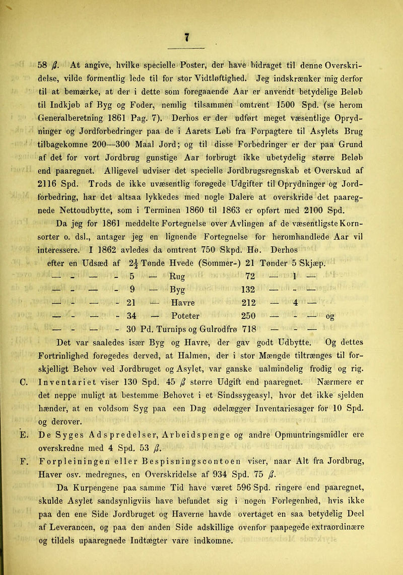 c. E. 58 /i. At angive, hvilke specielle Poster, der have bidraget til denne Overskri- delse, vilde formentlig lede til for stor Vidtløftighed. Jeg indskrænker mig derfor til at bemærke, at der i dette som foregaaende Aar er anvendt betydelige Beløb til Indkjøb af Byg og Foder, nemlig tilsammen omtrent 1500 Spd. (se herom Generalberetning 1861 Pag. 7). Derhos er der udført meget væsentlige Opryd- ninger og Jordforbedringer paa de i Aarets Løb fra Forpagtere til Asylets Brug tilbagekomne 200—300 Maal Jord; og til disse Forbedringer er der paa Grund af det for vort Jordbrug gunstige Aar lorbrugt ikke ubetydelig større Beløb end paaregnet. Alligevel udviser det specielle Jordbrugsregnskab et Overskud af 2116 Spd. Trods de ikke uvæsentlig forøgede Udgifter til Oprydninger og Jord- forbedring, har det altsaa lykkedes med nogle Dalere at overskride det paareg- nede Nettoudbytte, som i Terminen 1860 til 1863 er opført med 2100 Spd. Da jeg for 1861 meddelte Fortegnelse over Avlingen af de væsentligste Korn- sorter o. dsl., antager jeg en lignende Fortegnelse for heromhandlede Aar vil interessere. I 1862 avledes da omtrent 750 Skpd. Hø. Derhos efter en Udsæd af 2^ Tønde Hvede (Sommer-) 21 Tønder 5 Skjæp. — - — - 5 — Rug 72 — 1 — — - — - 9 — Byg 132 — - — — - — - 21 — Havre 212 — 4 — — - — - 34 — Poteter 250 — - — og — - — - 30 Pd. Turnips og Gulrod frø 718 — - — Det var saaledes især Byg og Havre, der gav godt Udbytte. Og dettes Fortrinlighed forøgedes derved, at Halmen, der i stor Mængde tiltrænges til for- skjelligt Behov ved Jordbruget og Asylet, var ganske ualmindelig frodig og rig. Inventariet viser 130 Spd. 45 større Udgift end paaregnet. Nærmere er det neppe muligt at bestemme Behovet i et Sindssygeasyl, hvor det ikke sjelden hænder, at en voldsom Syg paa een Dag ødelægger Inventariesager for 10 Spd. og derover. De Syges Adspredelser, Arbeidspenge og andre Opmuntringsmidler ere overskredne med 4 Spd. 53 /?. Forpleiningen eller Bespisningscontoen viser, naar Alt fra Jordbrug, Haver osv. medregnes, en Overskridelse af 934 Spd. 75 /?. Da Kurpengene paa samme Tid have været 596 Spd. ringere end paaregnet, skulde Asylet sandsynligviis have befundet sig i nogen Forlegenhed, hvis ikke paa den ene Side Jordbruget og Haverne havde overtaget en saa betydelig Deel af Leverancen, og paa den anden Side adskillige ovenfor paapegede extraordinære og tildels upaaregnede Indtægter vare indkomne.