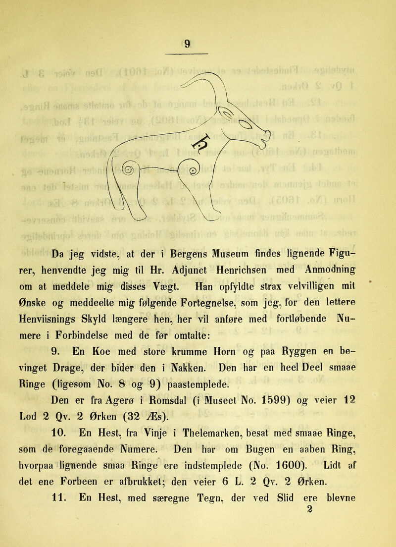 Da jeg vidste, at der i Bergens Museum findes lignende Figu- rer, henvendte jeg mig til Hr. Adjunct Henrichsen med Anmodning om at meddele mig disses Vægt. Han opfyldte strax velvilligen mit Ønske og meddeelte mig følgende Fortegnelse, som jeg, for den lettere Henviisnings Skyld længere hen, her vil anføre med fortløbende Nu- mere i Forbindelse med de før omtalte: 9. En Koe med store krumme Horn og paa Ryggen en be- vinget Drage, der bider den i Nakken. Den har en heel Deel smaae Ringe (ligesom No. 8 og 9) paastemplede. Den er fra Agerø i Romsdal (i Museet No. 1599) og veier 12 Lod 2 Qv. 2 Ørken (32 Æs). 10. En Hest, fra Vinje i Thelemarken, besat med smaae Ringe, som de foregaaende Numere. Den har om Bugen en aaben Ring, hvorpaa lignende smaa Ringe ere indstemplede (No. 1600). Lidt af det ene Forbeen er afbrukket; den veier 6 L. 2 Qv. 2 Ørken. 11. En Hest, med særegne Tegn, der ved Slid ere blevne 2