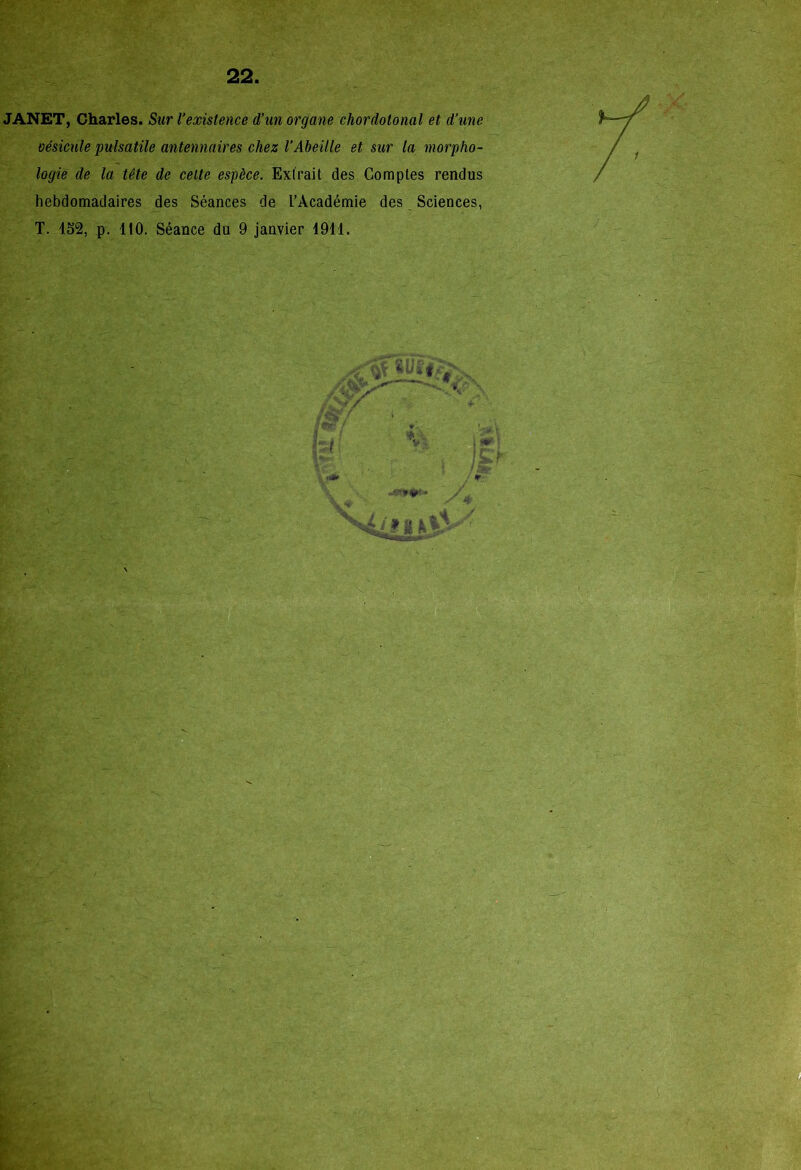 JANET, Charles. Sur l’existence d’un organe chordotonal et d’une vésicule pulsatile antennaires chez l’Abeille et sur la morpho- logie de la tête de cette espèce. Extrait des Comptes rendus hebdomadaires des Séances de l’Académie des Sciences, T. 152, p. 110. Séance du 9 janvier 1911.