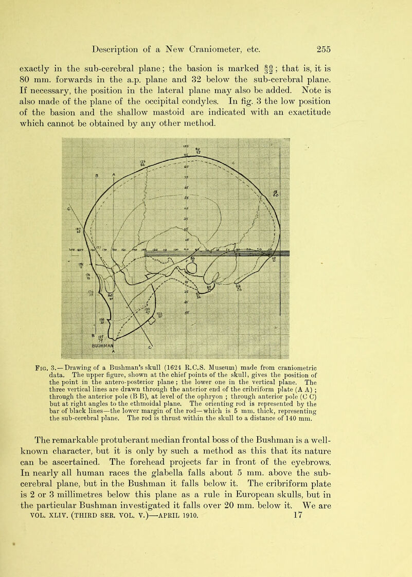 exactly in the sub-cerebral plane; the basion is marked ; that is, it is 80 mm. forwards in the a.p. plane and 32 below the sub-cerebral plane. If necessary, the position in the lateral plane may also be added. Note is also made of the plane of the occipital condyles. In fig. 3 the low position of the basion and the shallow mastoid are indicated with an exactitude which cannot be obtained by any other metliod. Fig. 3.—Drawing of a Bushman’s skull (1624 R.C.S. Museum) made from cranionietric data. The upper figure, shown at the chief points of the skull, gives the position of the point in the antero-posterior plane; the lower one in the vertical plane. The three vertical lines are drawn through the anterior end of the cribriform plate (A A) ; through the anterior pole (B B), at level of the ophryon ; through anterior pole (0 C) but at right angles to the ethmoidal plane. The orienting rod is represented by the bar of black lines—the lower margin of the rod—which is 5 mm. thick, representing the sub-cerebral plane. The rod is thrust within the skull to a distance of 140 mm. The remarkable protuberant median frontal boss of the Bushman is a well- known character, but it is only by such a method as this that its nature can be ascertained. The forehead projects far in front of the eyebrows. In nearly all human races the glabella falls about 5 mm. above the sub- cerebral plane, but in the Bushman it falls below it. The cribriform plate is 2 or 3 millimetres below this plane as a rule in European skulls, but in the particular Bushman investigated it falls over 20 mm. below it. We are VOL. XLIV. (third see. VOL. V.)—APRIL 1910. 17