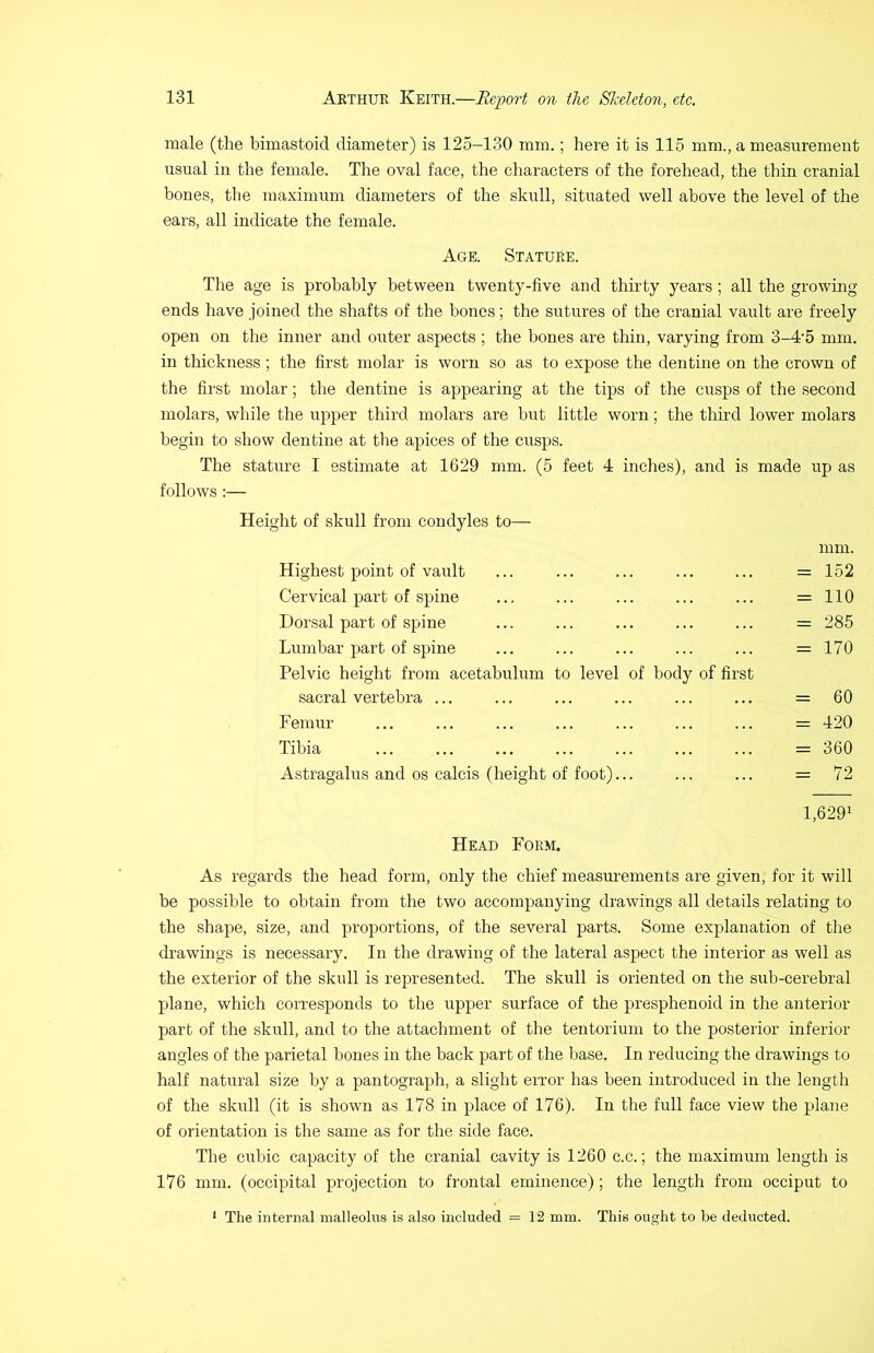 male (the bimastoid diameter) is 125-130 mm.; here it is 115 mm., a measurement usual in the female. The oval face, the characters of the forehead, the thin cranial bones, the maximum diameters of the skull, situated well above the level of the ears, all indicate the female. Age. Stature. The age is probably between twenty-five and thirty years; all the growing ends have joined the shafts of the bones; the sutures of the cranial vault are freely open on the inner and outer aspects ; the hones are thin, varying from 3-4'5 mm. in thickness; the first molar is worn so as to expose the dentine on the crown of the first molar; the dentine is appeaxung at the tips of the cusps of the second molars, while the upper third molars are but little worn; the third lower molars begin to show dentine at the apices of the cusps. The stature I estimate at 1629 mm. (5 feet 4 inches), and is made up as follows:— Height of skull from condyles to— Highest point of vault mm. = 152 Cervical paid of spine = 110 Dorsal part of spine = 285 Lumbar part of spine = 170 Pelvic height from acetabulum to level of body of first sacral vertebra ... = 60 Femur = 420 Tibia = 360 Astragalus and os calcis (height of foot)... = 72 Head Form. 1,6201 As regards the head form, only the chief measui’ements are given, for it will be possible to obtain from the two accompanying drawings all details relating to the shape, size, and proportions, of the several parts. Some ex]xlanation of the di’awings is necessary. In the drawing of the lateral aspect the interior as well as the exterior of the skull is represented. The skull is oriented on the sub-cerebral plane, which corresponds to the upper surface of the presphenoid in the anterior part of the skixll, and to the attachment of the tentorium to the posterior inferior angles of the parietal bones in the back part of the base. In reducing the drawings to half natural size by a pantograph, a slight eiror has been introduced in the length of the skull (it is shown as 178 in place of 176). In the full face view the plane of orientation is the same as for the side face. The cubic capacity of the cranial cavity is 1260 c.c.; the maximum length is 176 mm. (occipital projection to frontal eminence); the length from occiput to * The internal malleolus is also included = 12 mm. This ought to be deducted.