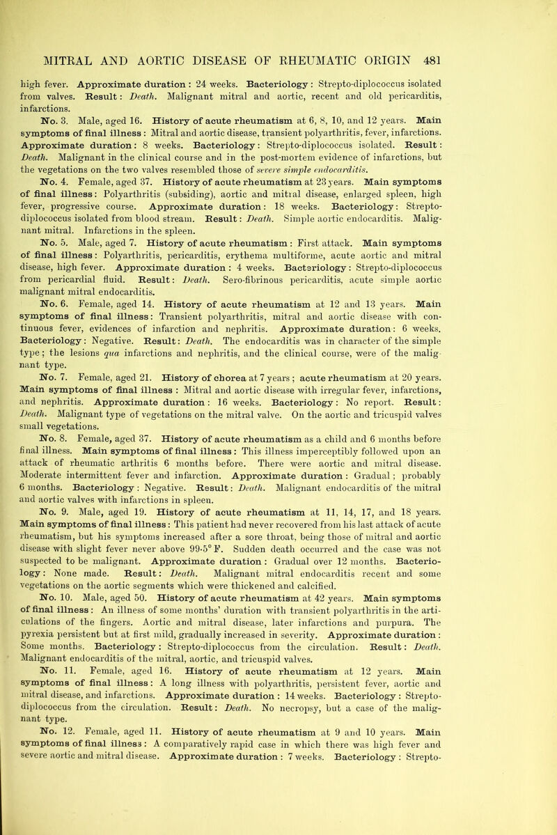 high fever. Approximate duration : 24 weeks. Bacteriology : Strepto-diplococcus isolated from valves. Result: Death. Malignant mitral and aortic, recent and old pericarditis, infarctions. No. 3. Male, aged 16. History of acute rheumatism at 6, 8, 10, and 12 years. Main symptoms of final illness : Mitral and aortic disease, transient polyarthritis, fever, infarctions. Approximate duration: 8 weeks. Bacteriology: Strepto-diplococcus isolated. Result: Death. Malignant in the clinical course and in the post-mortem evidence of infarctions, hut the vegetations on the two valves resembled those of severe simple endocarditis. No. 4. Female, aged 87. History of acute rheumatism at 23 years. Main symptoms of final illness: Polyarthritis (subsiding), aortic and mitral disease, enlarged spleen, high fever, progressive course. Approximate duration: 18 weeks. Bacteriology: Strepto- diplococcus isolated from blood stream. Result: Death. Simple aortic endocarditis. Malig- nant mitral. Infarctions in the spleen. No. 5. Male, aged 7. History of acute rheumatism : First attack. Main symptoms of final illness: Polyarthritis, pericarditis, erythema multiforme, acute aortic and mitral disease, high fever. Approximate duration : 4 weeks. Bacteriology: Strepto-diplococcus from pericardial fluid. Result: Death. Sero-fibrinous pericarditis, acute simple aortic malignant mitral endocarditis. No. 6. Female, aged 14. History of acute rheumatism at 12 and 13 years. Main symptoms of final illness: Transient polyarthritis, mitral and aortic disease with con- tinuous fever, evidences of infarction and nephritis. Approximate duration: 6 weeks. Bacteriology: Negative. Result: Death. The endocarditis was in character of the simple type; the lesions qua infarctions and nephritis, and the clinical course, were of the malig- nant type. No. 7. Female, aged 21. History of chorea at 7 years ; acute rheumatism at 20 years. Main symptoms of final illness : Mitral and aortic disease with irregular fever, infarctions, and nephritis. Approximate duration : 16 weeks. Bacteriology: No report. Result: Death. Malignant type of vegetations on the mitral valve. On the aortic and tricuspid valves small vegetations. No. 8. Female, aged 37. History of acute rheumatism as a child and 6 months before final illness. Main symptoms of final illness: This illness imperceptibly followed upon an attack of rheumatic arthritis 6 months before. There were aortic and mitral disease. Moderate intermittent fever and infarction. Approximate duration : Gradual; probably 6 months. Bacteriology: Negative. Result: Death. Malignant endocarditis of the mitral and aortic valves with infarctions in spleen. No. 9. Male, aged 19. History of acute rheumatism at 11, 14, 17, and 18 years. Main symptoms of final illness : This patient had never recovered from his last attack of acute rheumatism, but his symptoms increased after a sore throat, being those of mitral and aortic disease with slight fever never above 99-5° F. Sudden death occurred and the case was not suspected to be malignant. Approximate duration : Gradual over 12 months. Bacterio- logy : None made. Result: Death. Malignant mitral endocarditis recent and some vegetations on the aortic segments which were thickened and calcified. No. 10. Male, aged 50. History of acute rheumatism at 42 years. Main symptoms of final illness : An illness of some months’ duration with transient polyarthritis in the arti- culations of the fingers. Aortic and mitral disease, later infarctions and purpura. The pyrexia persistent but at first mild, gradually increased in severity. Approximate duration : Some months. Bacteriology: Strepto-diplococcus from the circulation. Result: Death. Malignant endocarditis of the mitral, aortic, and tricuspid valves. No. 11. Female, aged 16. History of acute rheumatism at 12 years. Main symptoms of final illness: A long illness with polyarthritis, persistent fever, aortic and mitral disease, and infarctions. Approximate duration : 14 weeks. Bacteriology : Strepto- diplococcus from the circulation. Result: Death. No necropsy, but a case of the malig- nant type. No. 12. Female, aged 11. History of acute rheumatism at 9 and 10 years. Main symptoms of final illness: A comparatively rapid case in which there was high fever and severe aortic and mitral disease. Approximate duration : 7 weeks. Bacteriology : Strepto-