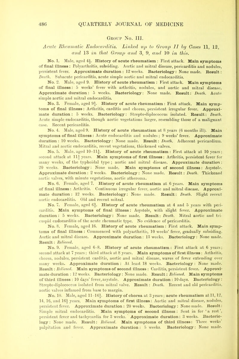 Group No. III. Acute Rheumatic Endocarditis. Linked up to Group II by Cases 11, 12, and 13 in that Group and 3, 9, and 10 in this. No. 1. Male, aged 4£. History of acute rheumatism : First attack. Main symptoms of final illness : Polyarthritis, subsiding. Aortic and mitral disease, pericarditis and nodules, persistent fever. Approximate duration : 12 weeks. Bacteriology: None made. Result: Death. Subacute pericarditis, acute simple aortic and mitral endocarditis. No. 2. Male, aged 9. History of acute rheumatism : First attack. Main symptoms of final illness: 5 weeks’ fever with arthritis, nodules, and aortic and mitral disease. Approximate duration: 5 weeks. Bacteriology: None made. Result: Death. Acute simple aortic and mitral endocarditis. No. 3. Female, aged 9|. History of acute rheumatism : First attack. Main symp- toms of final illness: Arthritis, carditis and chorea, persistent irregular fever. Approxi- mate duration: 5 weeks. Bacteriology: Strepto-diplococcus isolated. Result: Death. Acute simple endocarditis, though aortic vegetations larger, resembling those of a malignant case. Recent pericarditis. No. 4. Male, aged 9. History of acute rheumatism at 8 years (6 months ill). Main symptoms of final illness : Acute endocarditis and nodules ; 9 weeks’ fever. Approximate duration : 10 weeks. Bacteriology : None made. Result: Death. Adherent pericardium. Mitral and aortic endocarditis, recent vegetations, thickened valves. No. 5. Male, aged 10-11^. History of acute rheumatism : First attack at 10 years; second attack at 111 years. Main symptoms of first illness : Arthritis, persistent fever for many weeks, of the typhoidal type ; aortic and mitral disease. Approximate duration: 20 weeks. Bacteriology: None made. Main symptoms of second illness: Asystole. Approximate duration : 2 weeks. Bacteriology : None made. Result: Death. Thickened aortic valves, with minute vegetations, aortic atheroma. No. 6. Female, aged 7. History of acute rheumatism at 6 years. Main symptoms of final illness: Arthritis. Continuous irregular fever, aortic and mitral disease. Approxi- mate duration: 12 weeks. Bacteriology: None made. Result: Death. Slight recent aortic endocarditis. Old and recent mitral. No. 7. Female, aged 6|. History of acute rheumatism at 4 and 5 years with peri- carditis. Main symptoms of final illness: Asystole, with slight fever. Approximate duration: 5 weeks. Bacteriology: None made. Result: Death. Mitral aortic and tri- cuspid endocarditis of the acute rheumatic type. No evidence of pericarditis. No. 8. Female, aged 16. History of acute rheumatism: First attack. Main symp- toms of final illness : Commenced with polyarthritis, 10 weeks’ fever, gradually subsiding. Aortic and mitral disease. Approximate duration: 13 weeks. Bacteriology : None made. Result: Believed. No. 9. Female, aged 6-8. History of acute rheumatism: First attack at 6 years; second attack at 7 years ; third attack at 8 years. Main symptoms of first illness : Arthritis, chorea, nodules, persistent carditis, aortic and mitral disease, waves of fever extending over many weeks. Approximate duration : At least 18 weeks. Bacteriology : None made. Result: Relieved. Main symptoms of second illness : Carditis, persistent fever. Approxi- mate duration : 12 weeks. Bacteriology : None made. Result: Relieved. Main symptoms of third illness : 10 days’ fever, asystole. Approximate duration : 10 days. Bacteriology: Strepto-diplococcus isolated from mitral valve. Result: Death. Recent and old pericarditis, aortic valves inflamed from base to margin. No. 10. Male, aged 11-16J. History of chorea at 3 years; acute rheumatism at 11, 12, 14, 16, and 16i years. Main symptoms of first illness: Aortic and mitral disease, nodules, persistent fever. Approximate duration : 20 weeks. Bacteriology: None made. Result: Simple mitral endocarditis. Main symptoms of second illness : Sent in for ‘ a rest ’, persistent fever and tachycardia for 3 weeks. Approximate duration: 3 weeks. Bacterio- logy : None made. Result: Relieved. Main symptoms of third illness: Three weeks’ palpitation and fever. Approximate duration : 5 weeks. Bacteriology: None made.