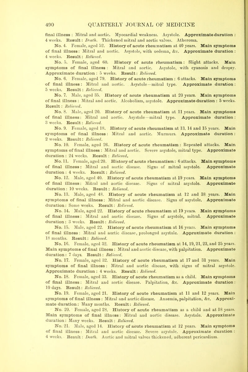 final illness : Mitral and aortic. Myocardial weakness. Asystole. Approximate duration : 4 weeks. Result: Death. Thickened mitral and aortic valves. Atheroma. No. 4. Female, aged 52. History of acute rheumatism at 40 years. Main symptoms of final illness: Mitral and aortic. Asystole, with oedema, &c. Approximate duration : 4 weeks. Result: Relieved. No. 5. Female, aged 60. History of acute rheumatism: Slight attacks. Main symptoms of final illness : Mitral and aortic. Asystole, with cyanosis and dropsy. Approximate duration : 5 weeks. Result: Relieved. No. 6. Female, aged 79. History of acute rheumatism : 6 attacks. Main symptoms of final illness : Mitral and aortic. Asystole—mitral type. Approximate duration : 5 weeks. Result: Relieved. No. 7. Male, aged 35. History of acute rheumatism at 20 years. Main symptoms of final illness : Mitral and aortic. Alcoholism, asystole. Approximate duration : 5 weeks. Result: Relieved. No. 8. Male, aged 20. History of acute rheumatism at 11 years. Main symptoms of final illness: Mitral and aortic. Asystole—mitral type. Approximate duration: 3 weeks. Result: Relieved. No. 9. Female, aged 18. History of acute rheumatism at 13, 14 and 15 years. Main symptoms of final illness: Mitral and aortic. Murmurs. Approximate duration: 2 weeks. Result: Relieved. No. 10. Female, aged 26. History of acute rheumatism: Repeated attacks. Main symptoms of final illness : Mitral and aortic. Severe asystole, mitral type. Approximate duration : 24 weeks. Result: Relieved. No. 11. Female, aged 20. History of acute rheumatism: 6 attacks. Main symptoms of final illness: Mitral and aortic disease. Signs of mitral asystole. Approximate duration : 4 weeks. Result: Relieved. No. 12. Male, aged 40. History of acute rheumatism at 19 years. Main symptoms of final illness: Mitral and aortic disease. Signs of mitral asystole. Approximate duration : 10 weeks. Result: Relieved. No. 13. Male, aged 48. History of acute rheumatism at 12 and 38 years. Main symptoms of final illness: Mitral and aortic disease. Signs of asystole. Approximate duration: Some weeks. Result: Relieved. No. 14. Male, aged 22. History of acute rheumatism at 19 years. Main symptoms of final illness: Mitral and aortic disease. Signs of asystole, mitral. Approximate duration : 3 weeks. Result: Relieved. No. 15. Male, aged 22. History of acute rheumatism at 16 years. Main symptoms of final illness: Mitral and aortic disease, prolonged asystole. Approximate duration: 18 months. Result: Relieved. No. 16. Female, aged 32. History of acute rheumatism at 14, 19,21, 23, and 25 years. Main symptoms of final illness : Mitral and aortic disease, with palpitation. Approximate duration : 7 days. Result: Relieved. No. 17. Female, aged 32. History of acute rheumatism at 17 and 31 years. Main symptoms of final illness: Mitral and aortic disease, with signs of mitral asystole. Approximate duration : 4 weeks. Result: Relieved. No. 18. Female, aged 33. History of acute rheumatism as a child. Main symptoms of final illness: Mitral and aortic disease. Palpitation, &c. Approximate duration: 10 days. Result: Relieved. No. 19. Female, aged 21. History of acute rheumatism at 11 and 12 years. Main symptoms of final illness : Mitral and aortic disease. Anaemia, palpitation, &c. Approxi- mate duration: Many months. Result: Relieved. No. 20. Female, aged 28. History of acute rheumatism as a child and at 18 years. Main symptoms of final illness: Mitral and aortic disease. Asystole. Approximate duration: Many weeks. Result: Relieved. No. 21. Male, aged 14. History of acute rheumatism at 12 years. Main symptoms of final illness : Mitral and aortic disease. Severe asystole. Approximate duration : 4 weeks. Result: Death. Aortic and mitral valves thickened, adherent pericardium.